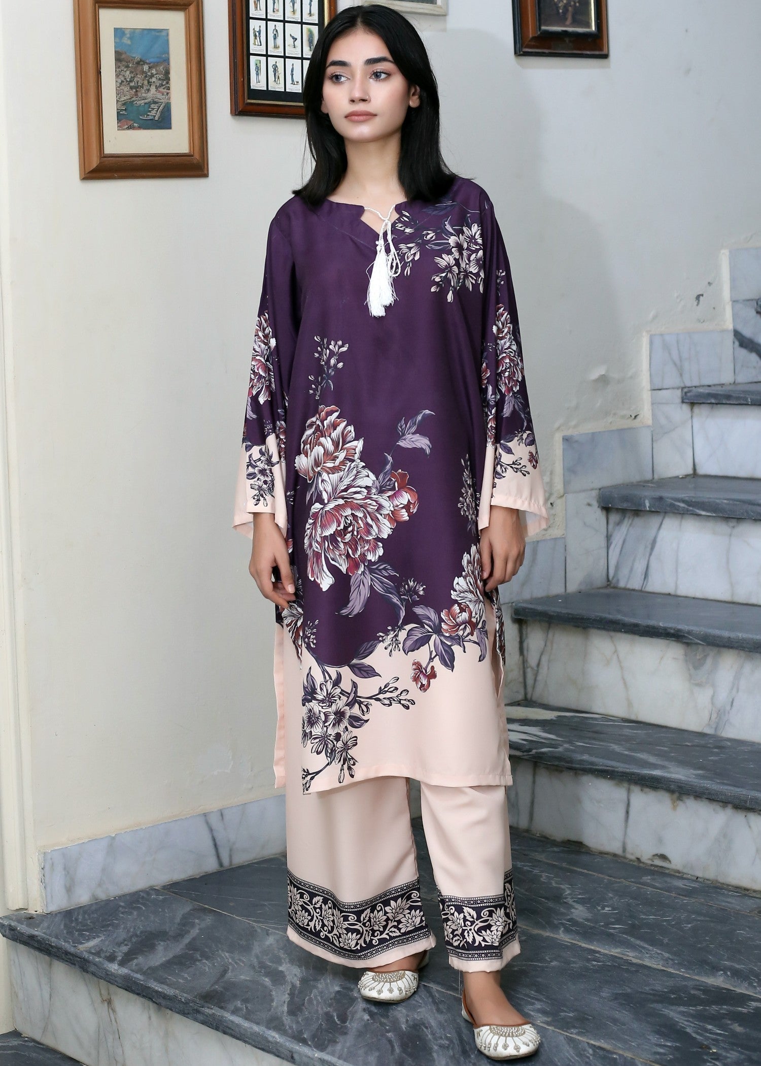 poly lawn Kurta Set in Tea rose pink, purple