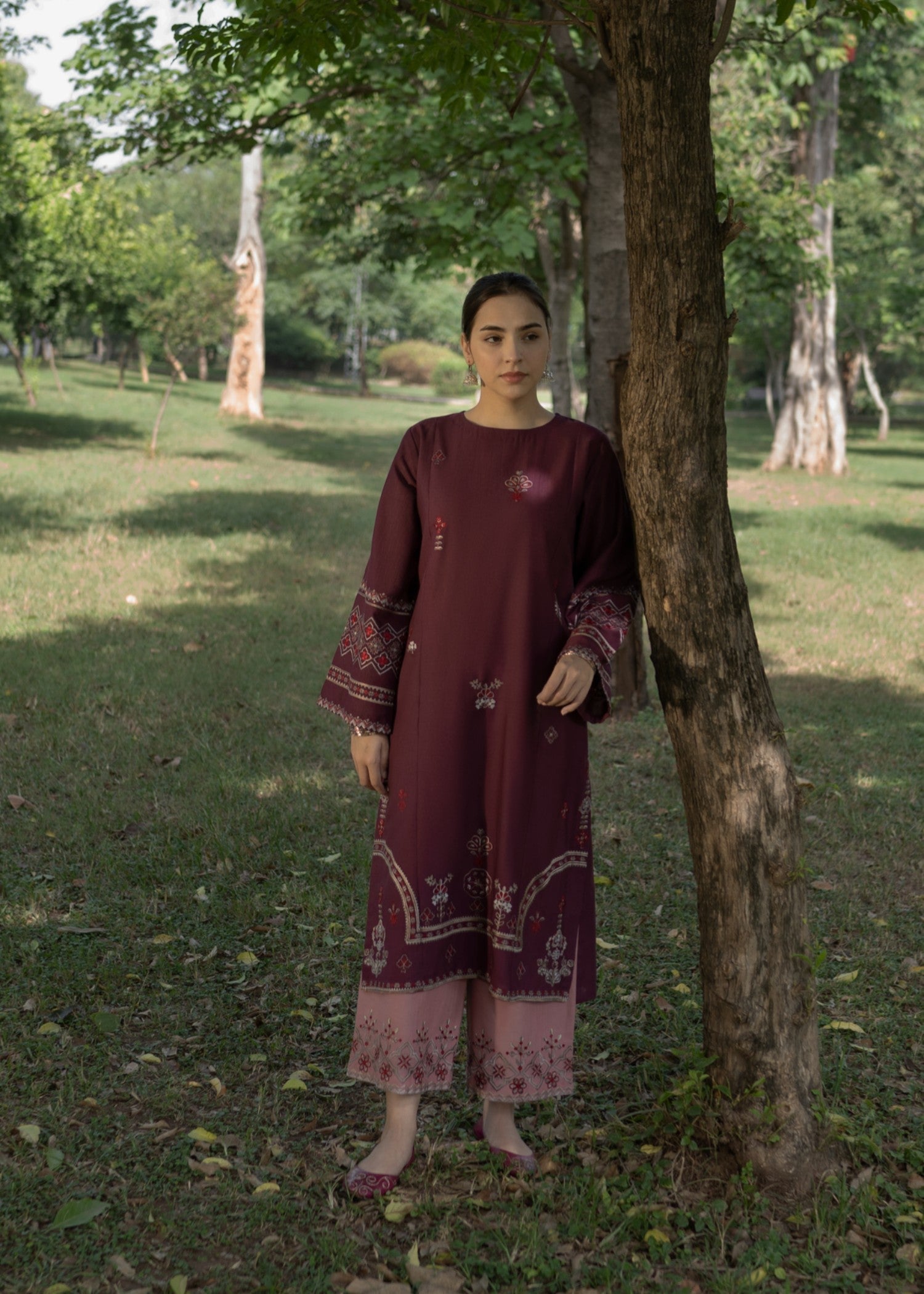 slub khaddar Kurta Set in Maroon
