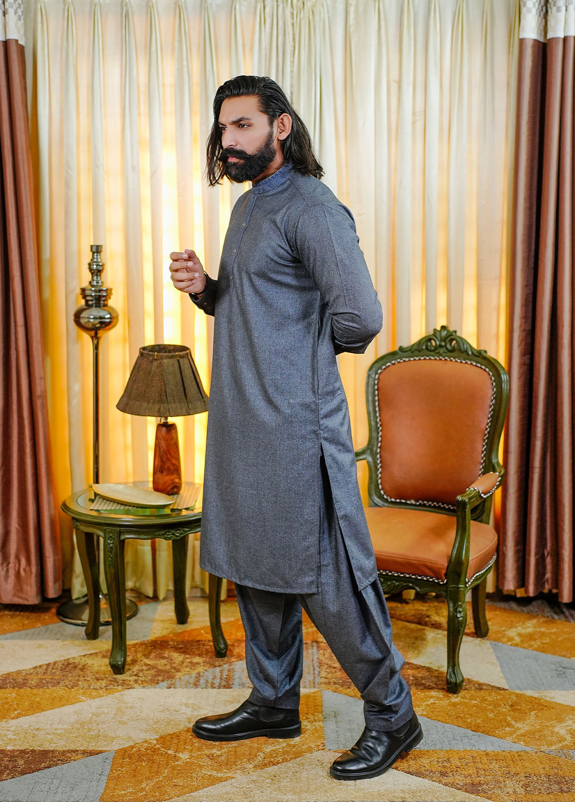 acrylic wool Shalwar Kameez in Twilight blue