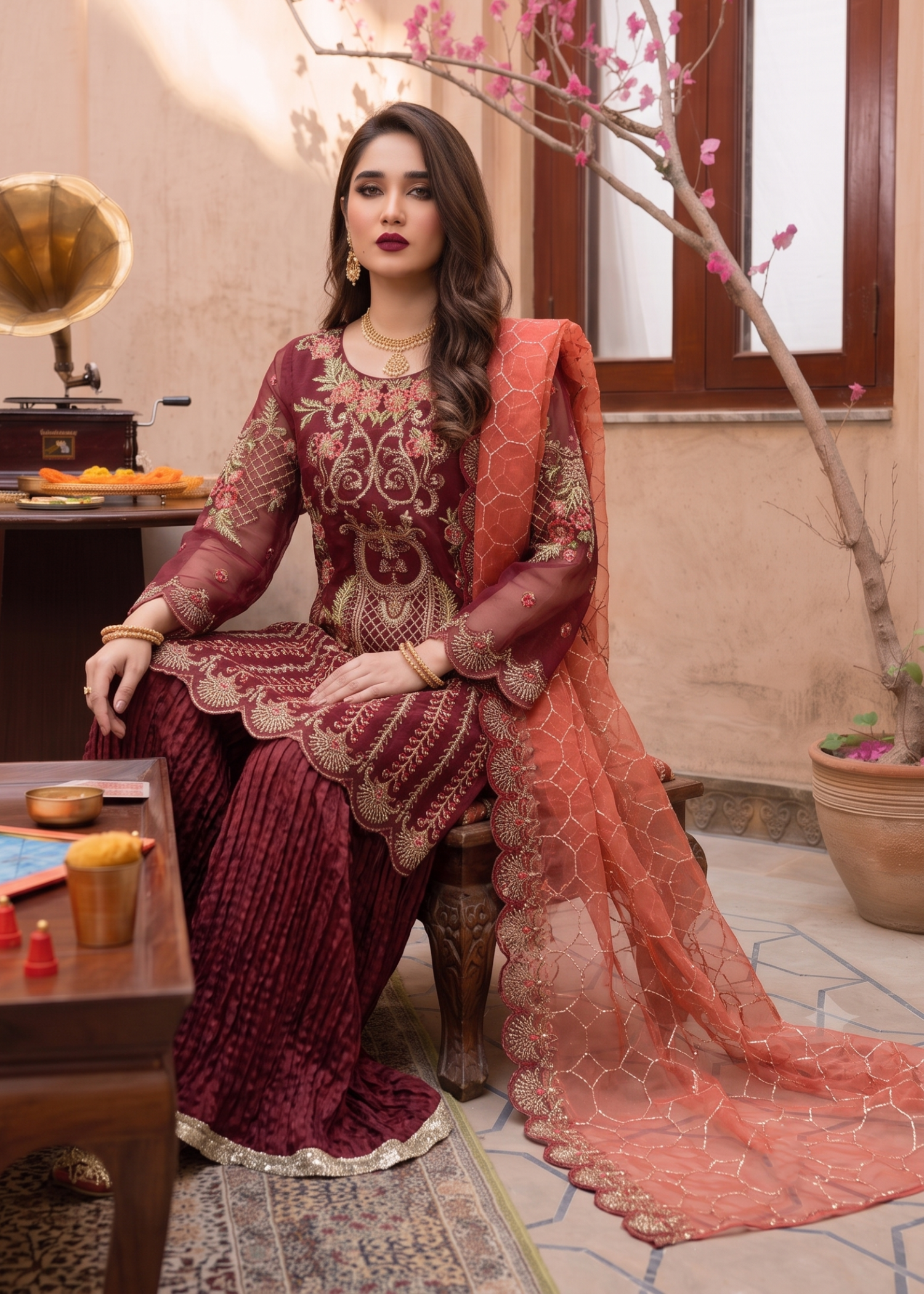 organza Gharara in Maroon