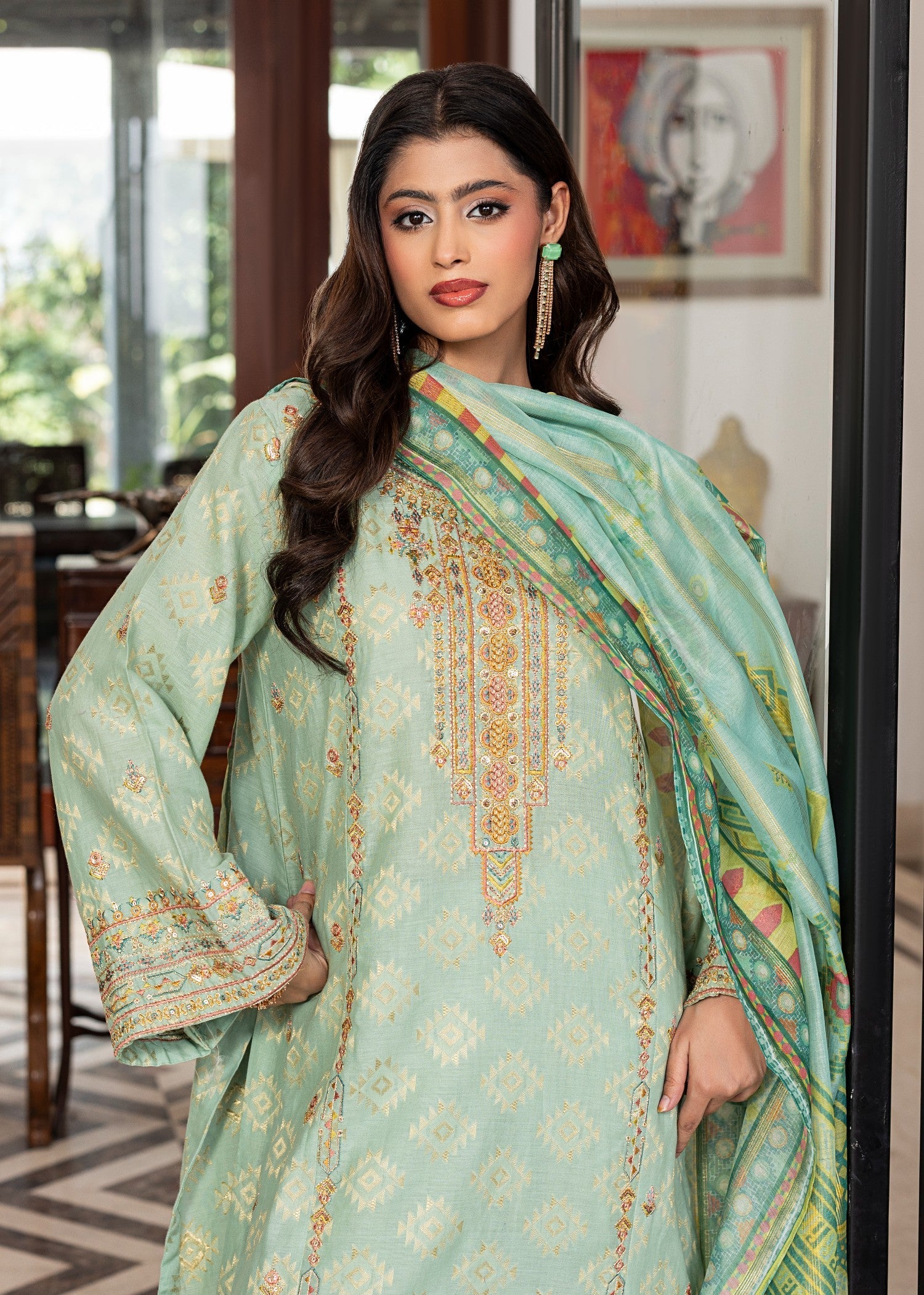 jacquard Kurta Set in Light cyan