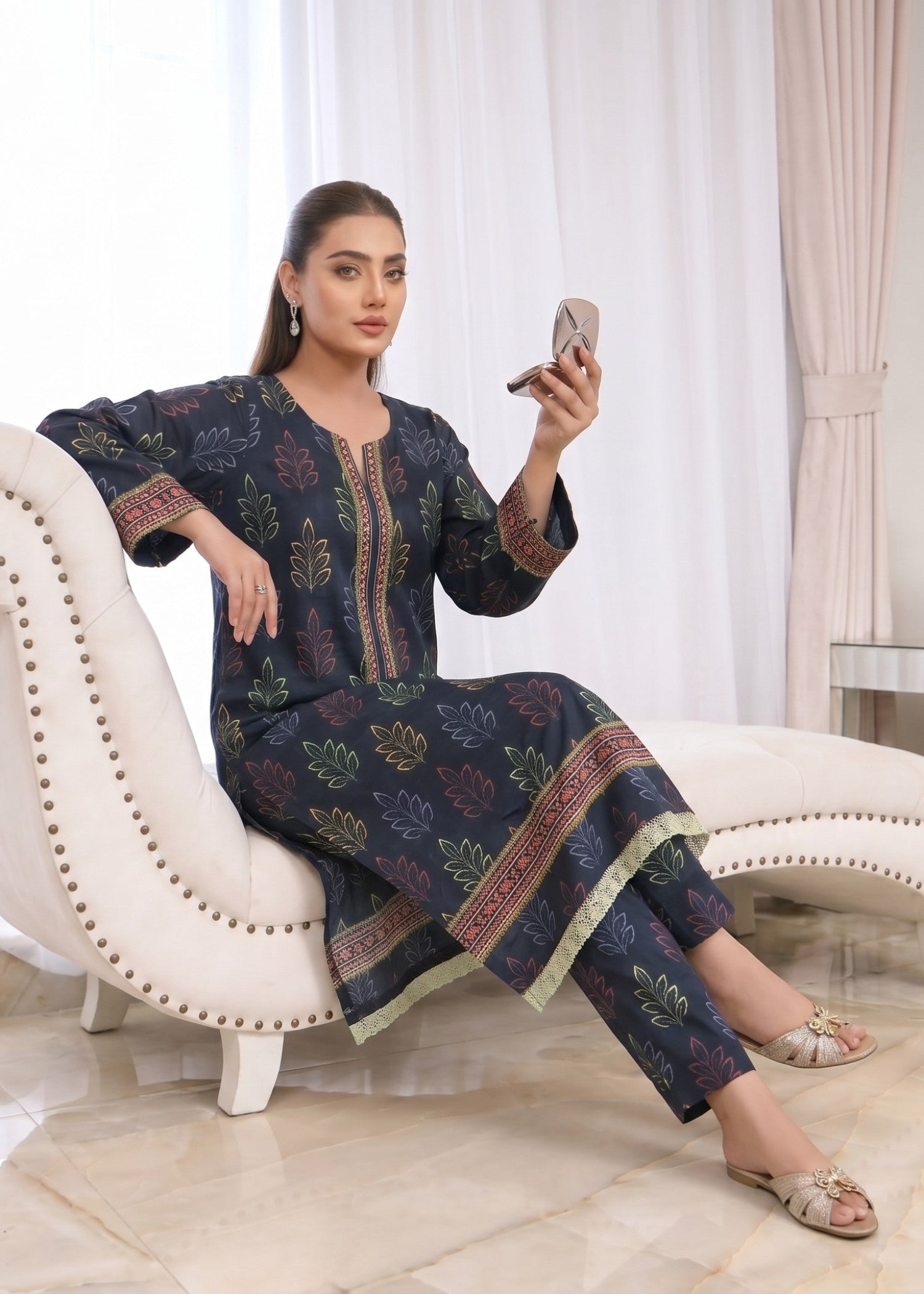 lawn Kurta Set in Prussian blue
