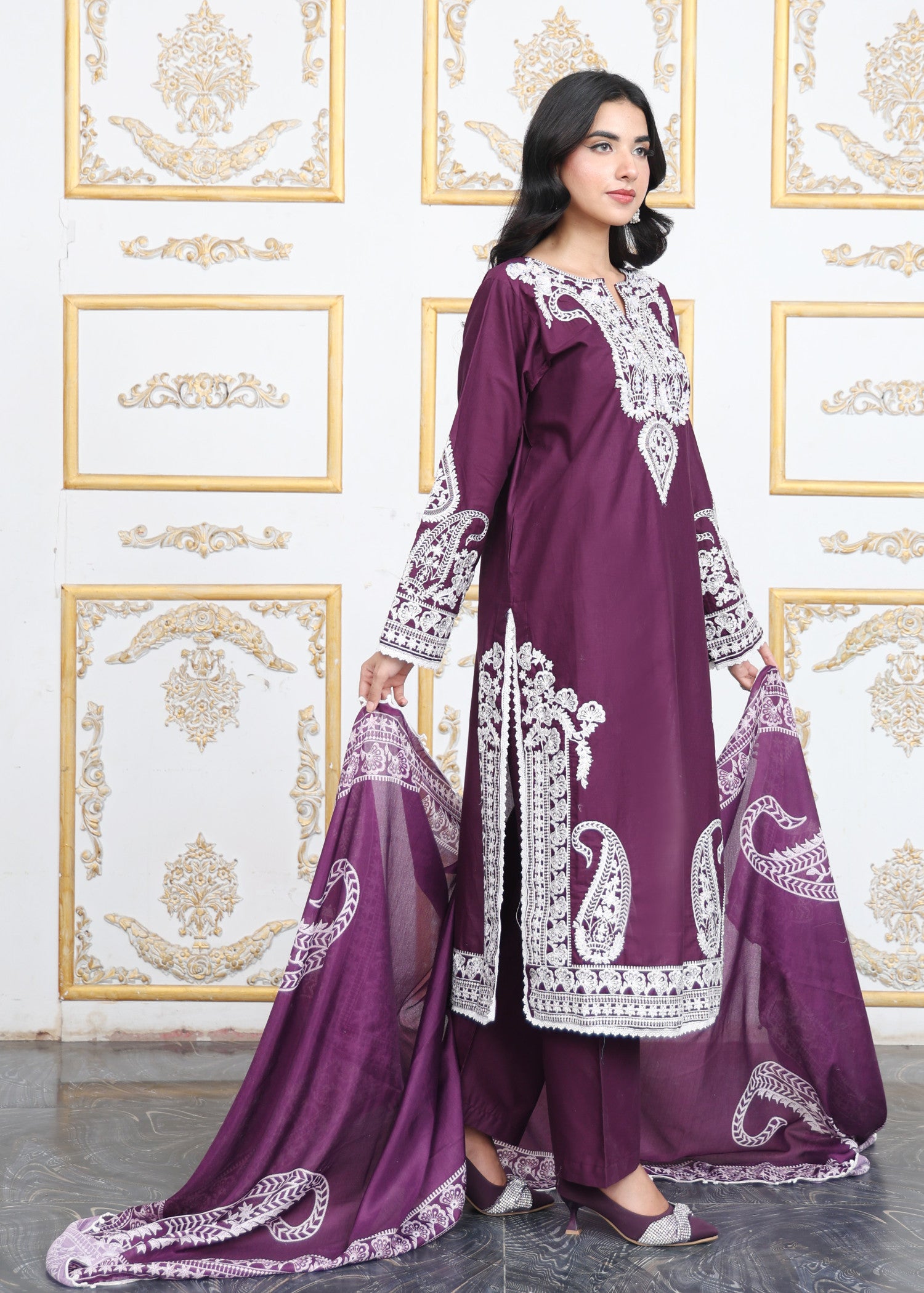lawn cotton Kurta Set in Plum
