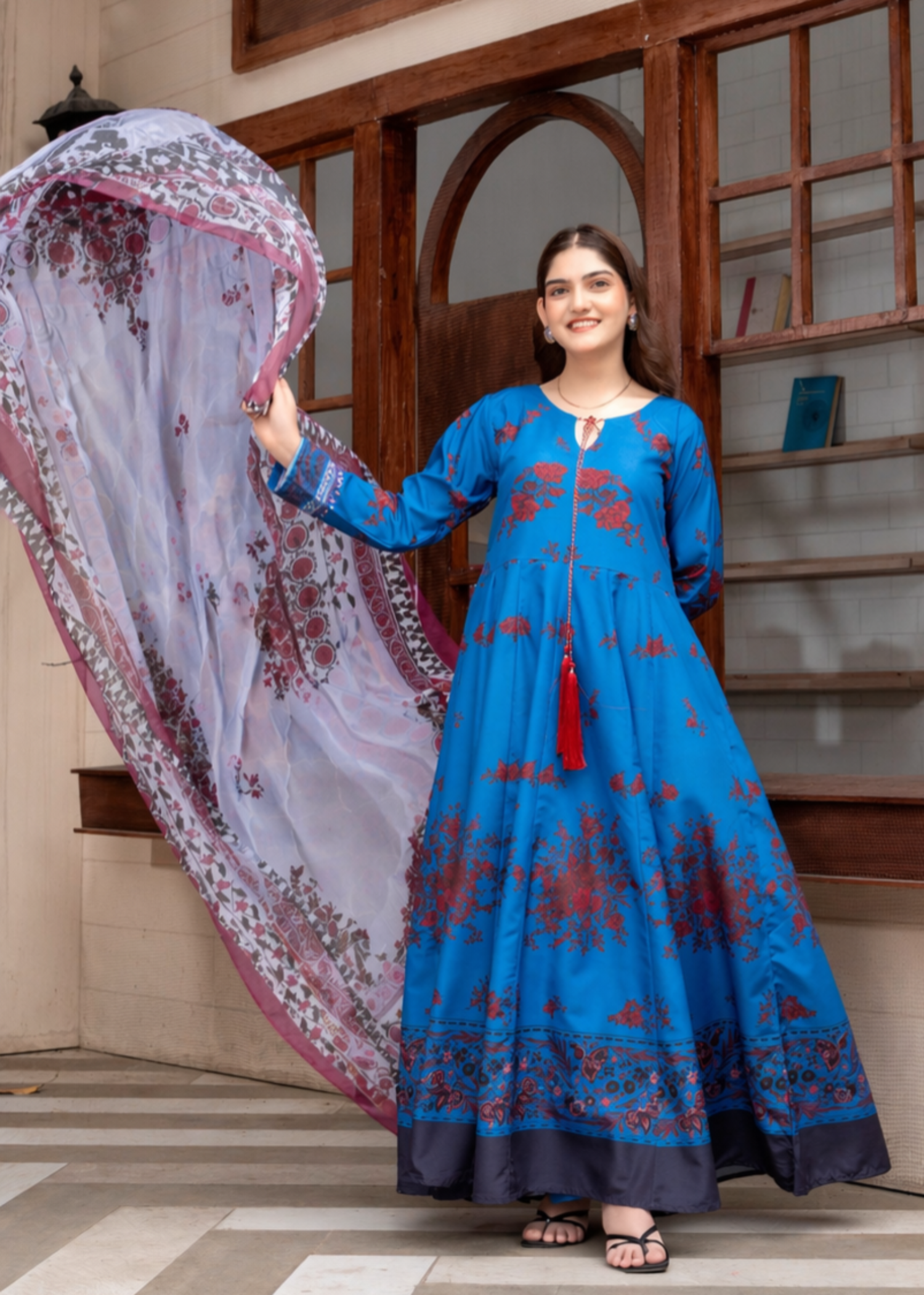 poly lawn Anarkali in Navy blue, pastel grey, burnt red