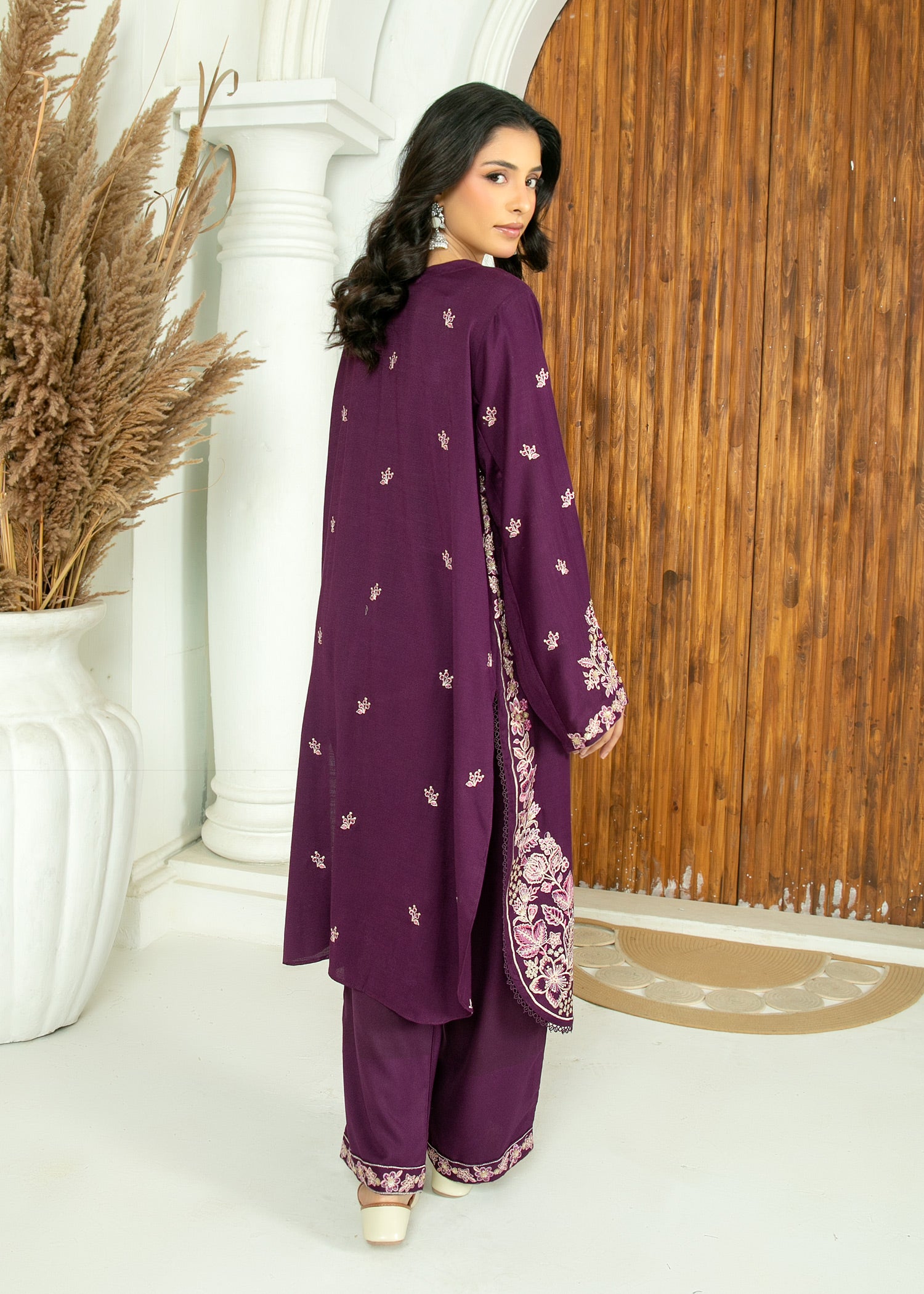peach wool Kurta Set in Plum