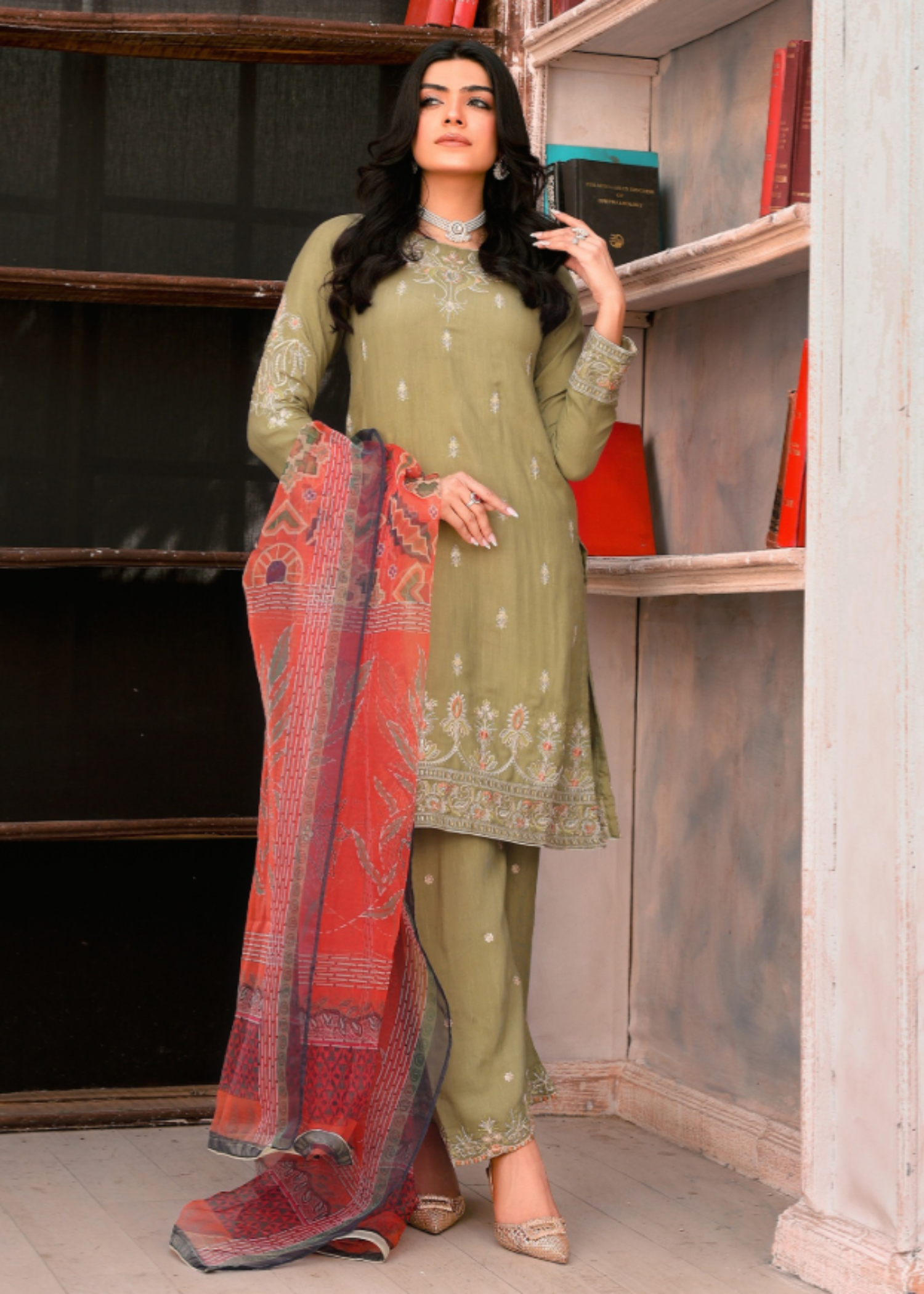 pk raw silk Kurti in Olive green