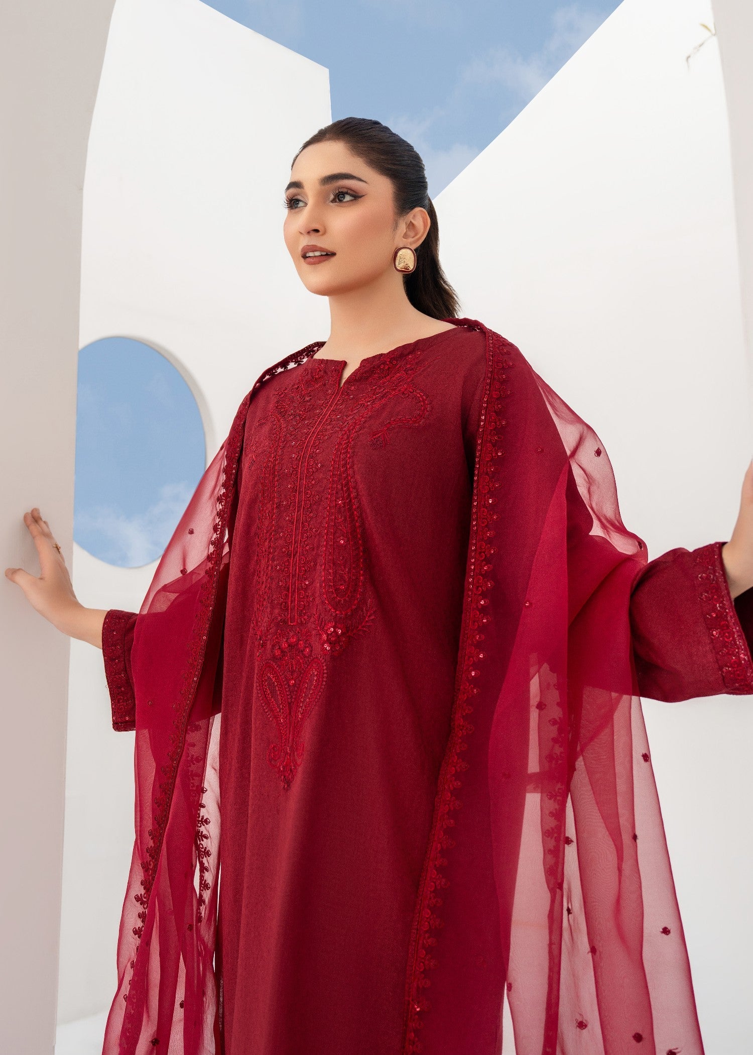 textured lawn Kurta Set in Maroon