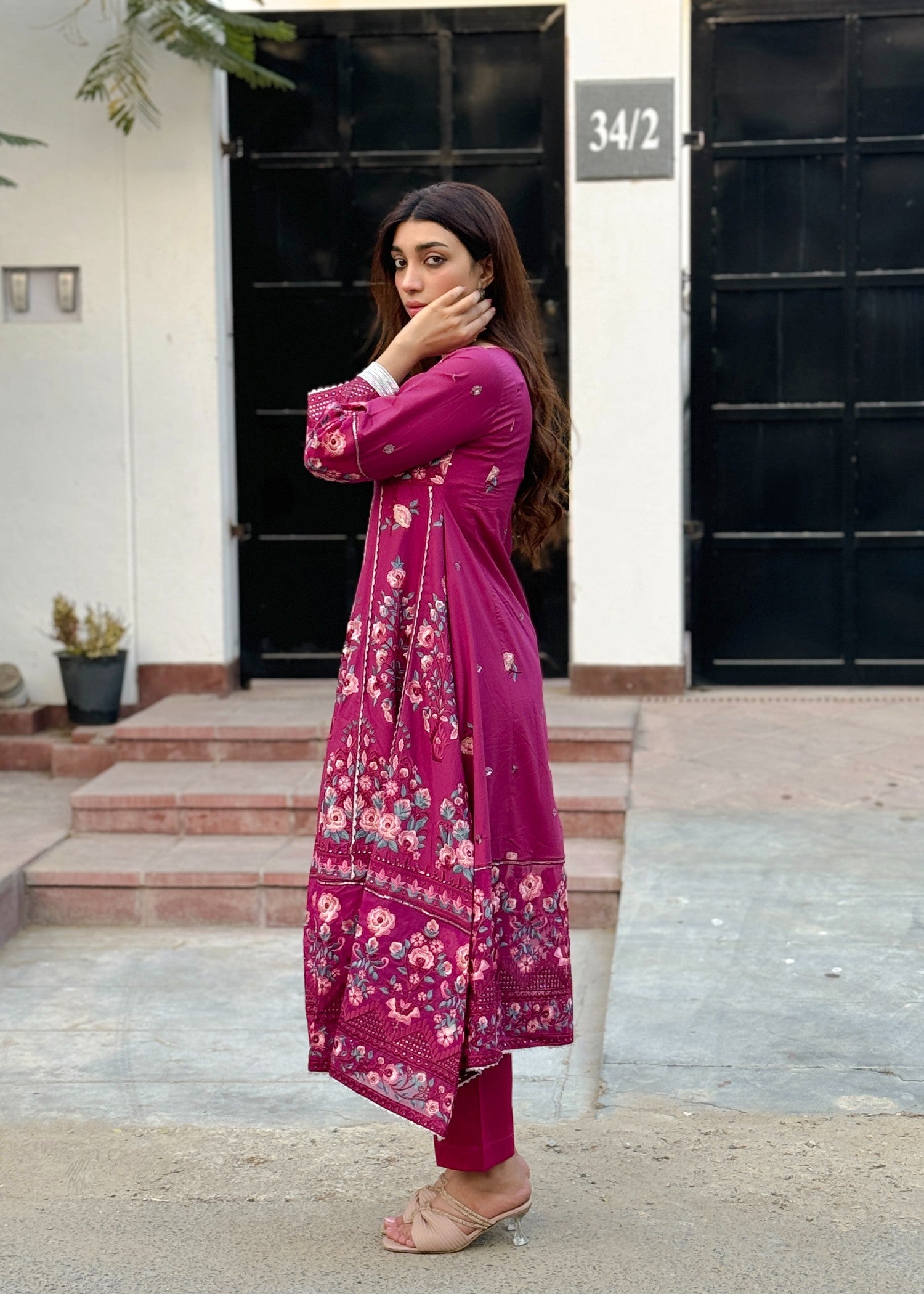 lawn cotton Anarkali in Raspberry pink
