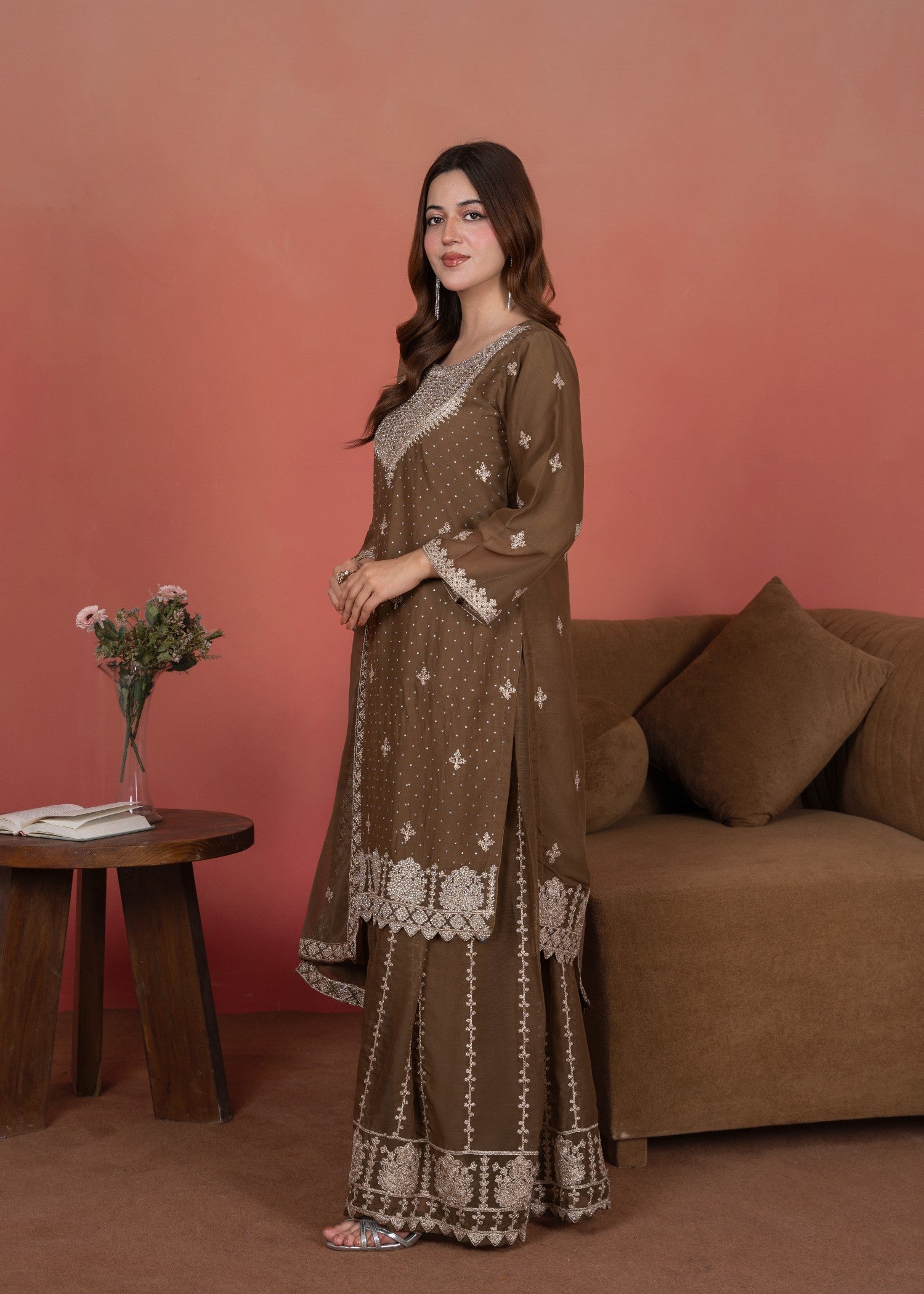 chiffon Kurta Set in Almond brown