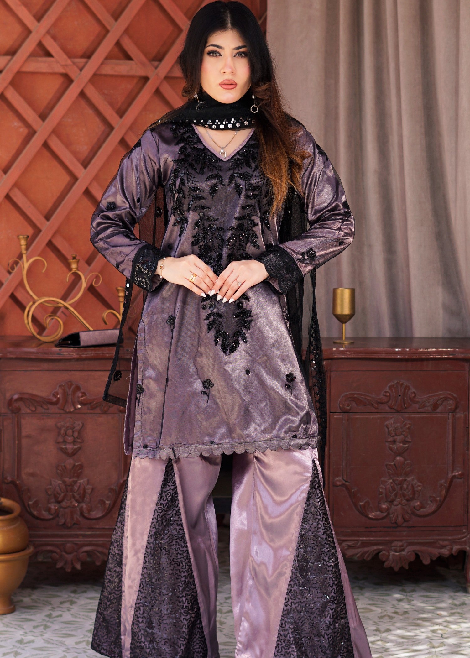 net Kurta Set in Sangria