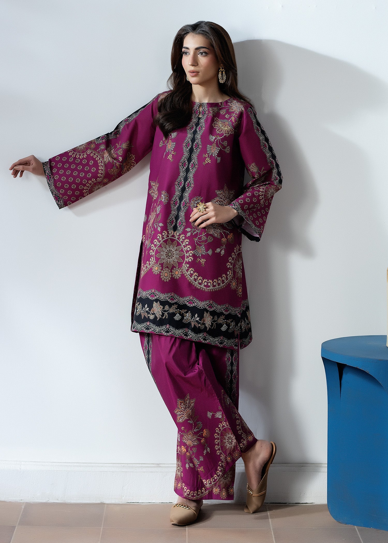 silk finish lawn Co Ord Sets in Plum purple