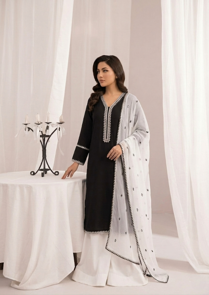 lawn cotton Sharara in Black, white