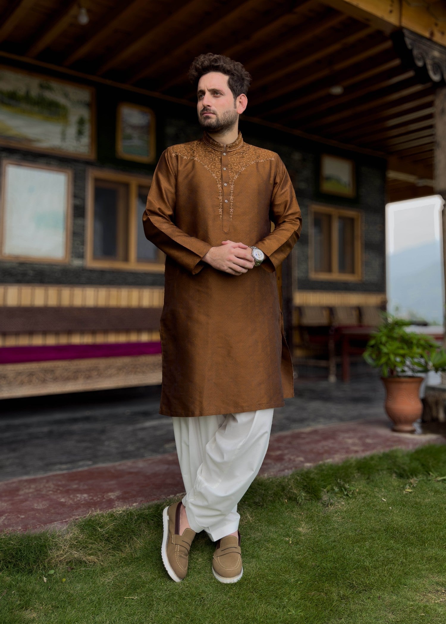 traditional jamawar Kurta in Copper