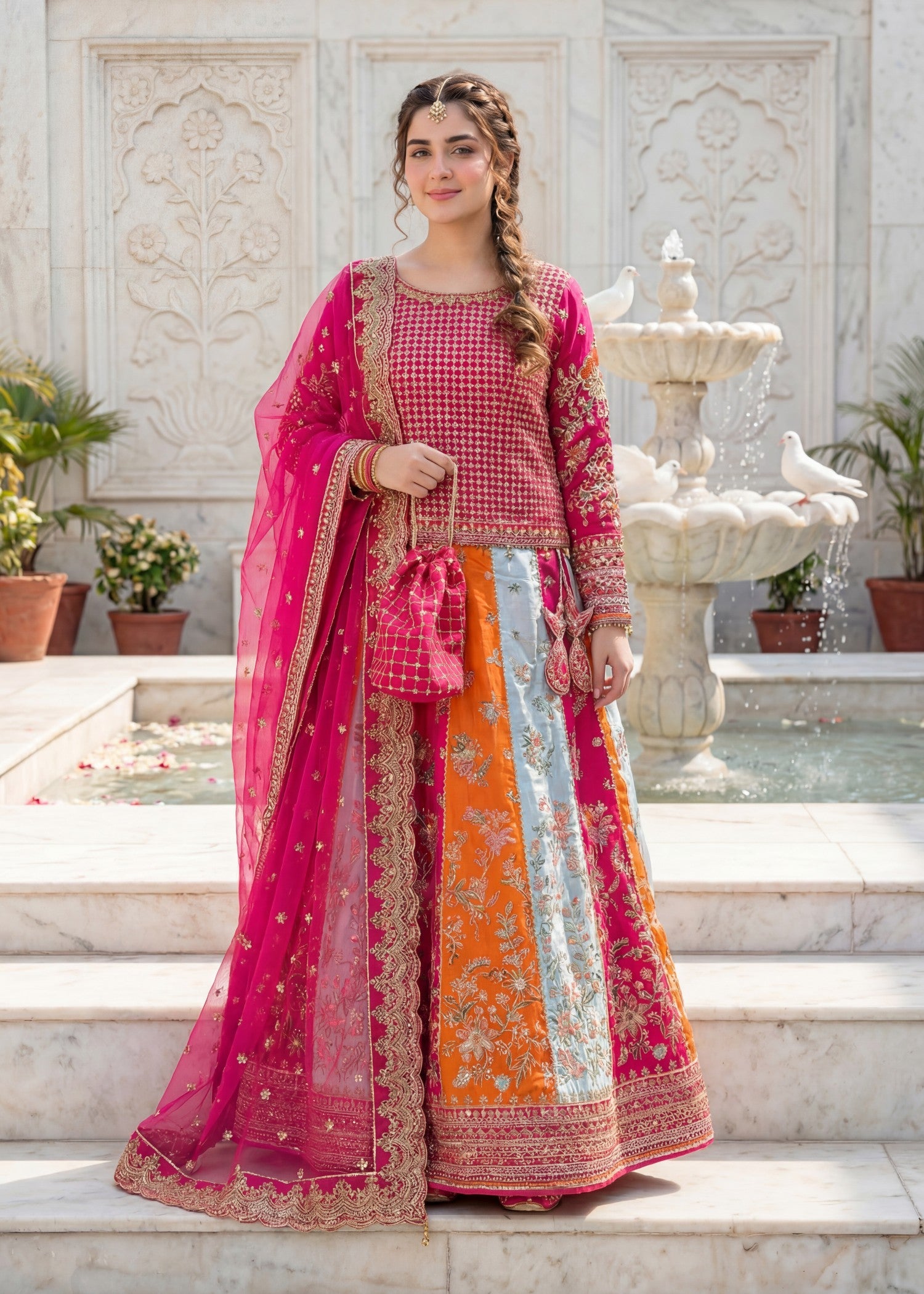 raw silk Lehenga in Shocking pink, multi