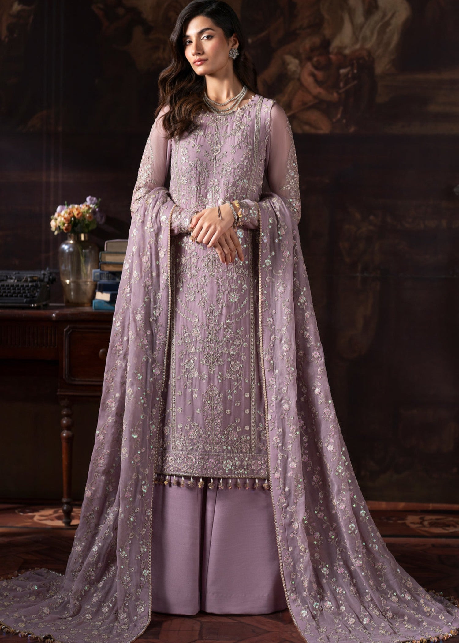 net Kurta Set in Lilac