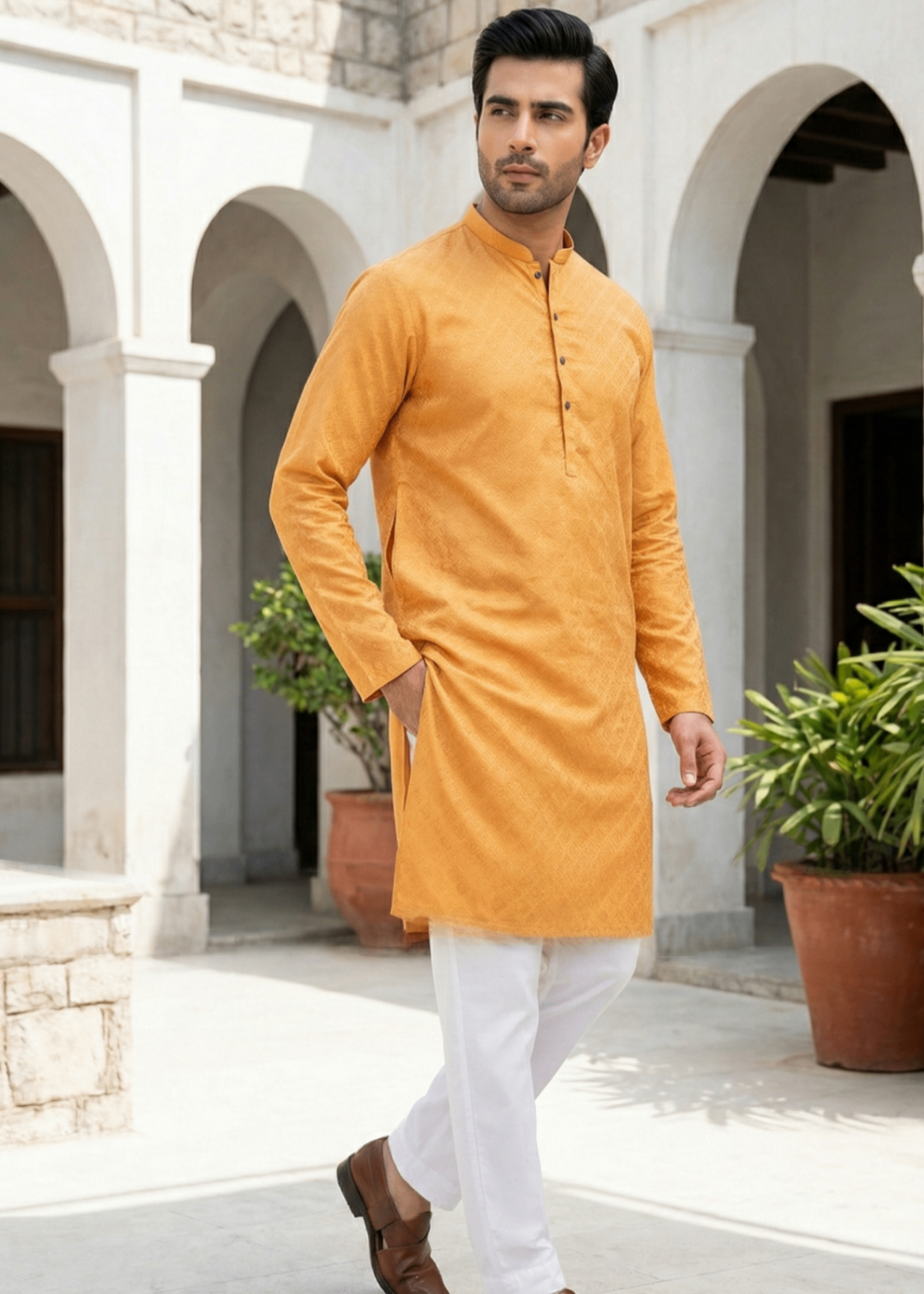 cotton jamawar Kurta in Mustard, yellow