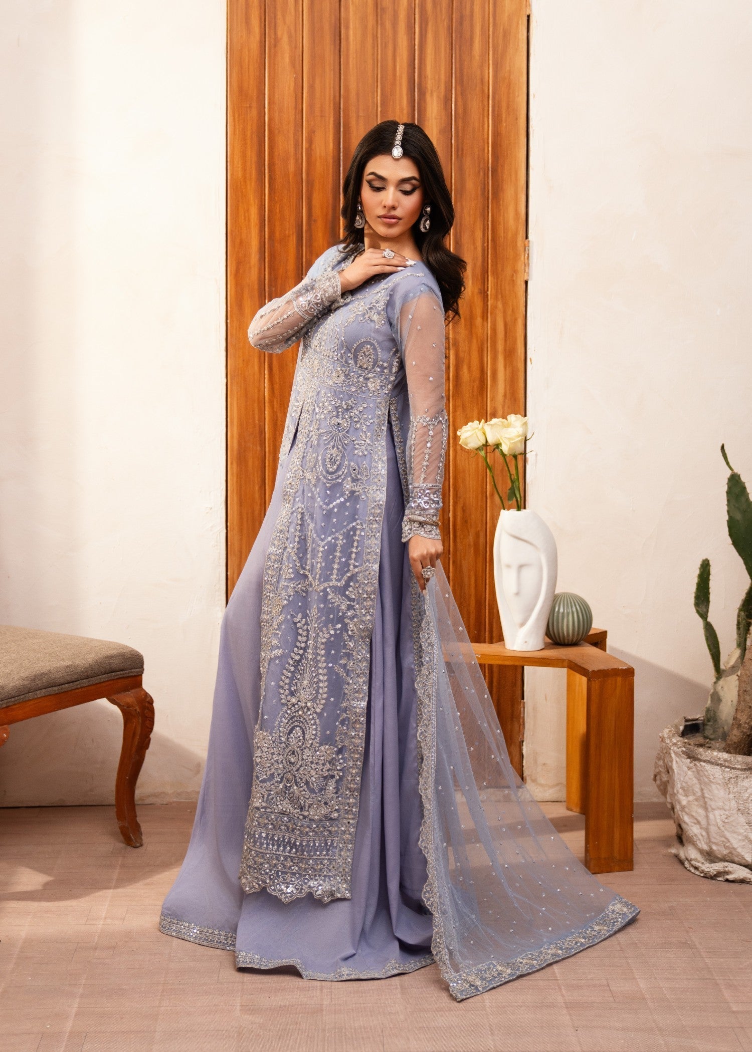 net Lehenga in Steal grey