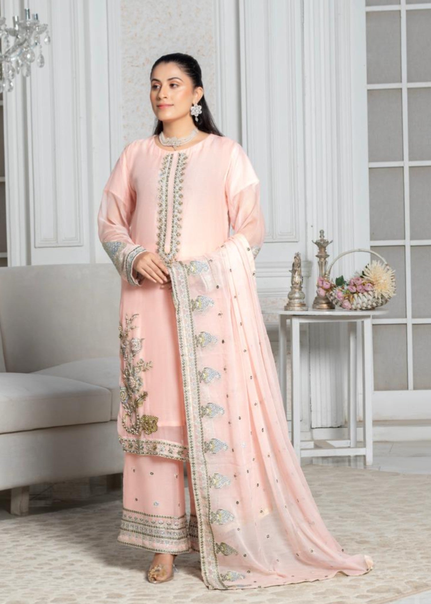 polyester chiffon Kurta Set in Peach orange