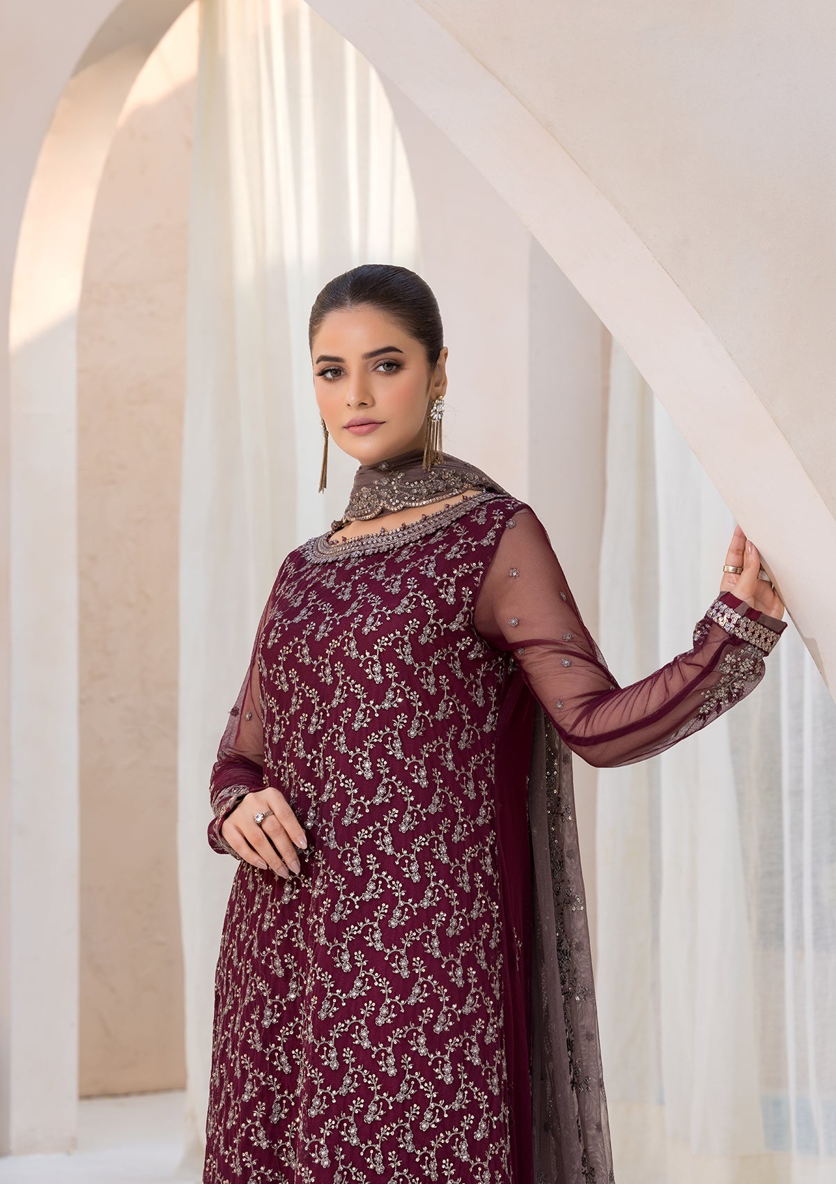 net Kurta Set in Maroon