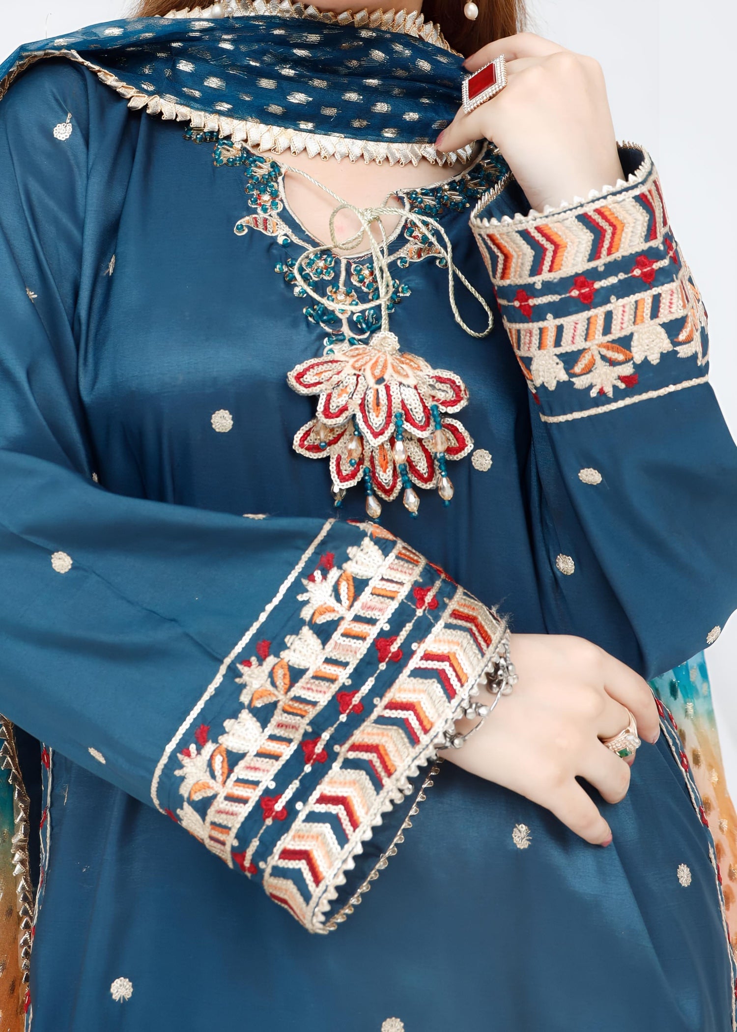 raw silk Kurta Set in Orange, teal, bondi blue