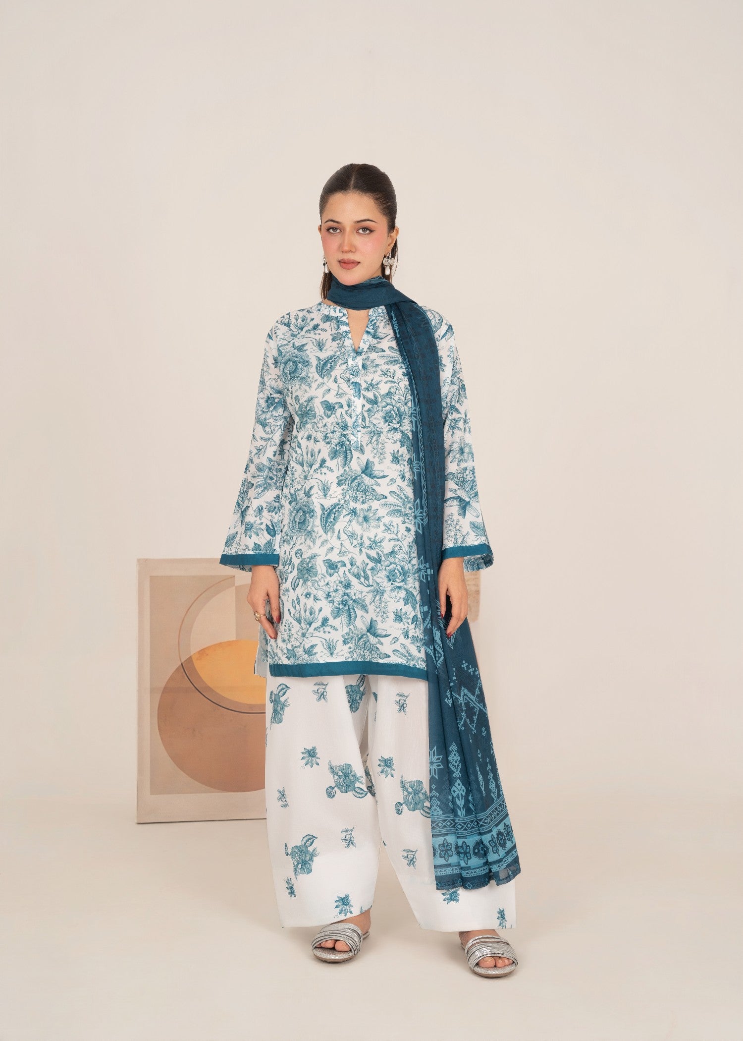 poly lawn Kurta Set in White, cobalt blue