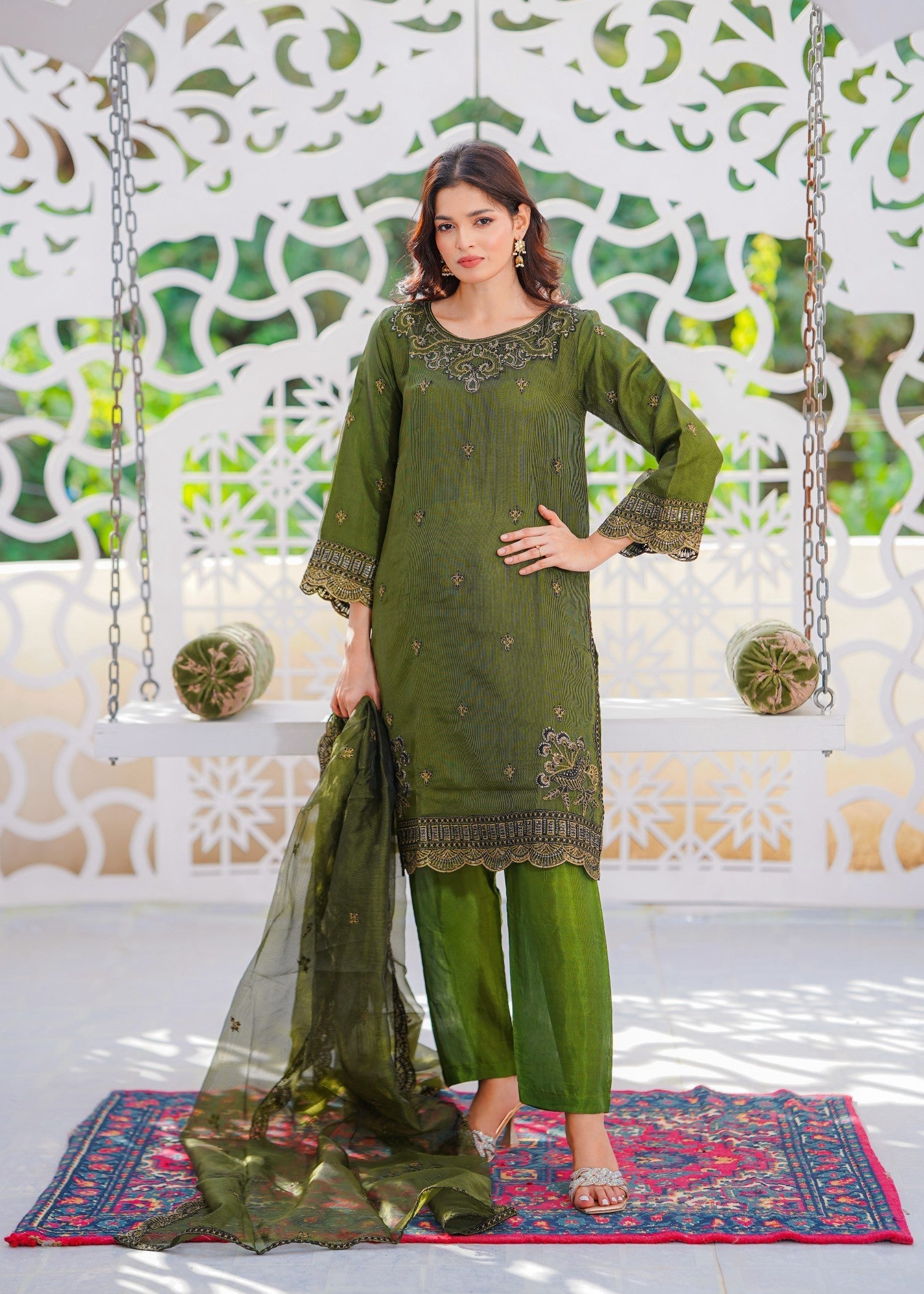 khaddi net Kurta Set in Olive green