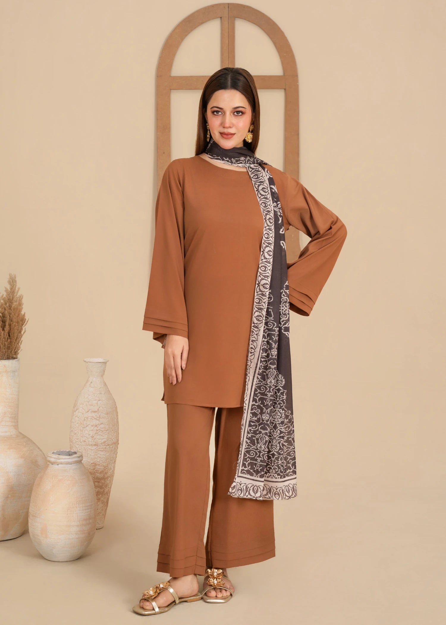 crepe polyester Kurta Set in Hazelwood brown