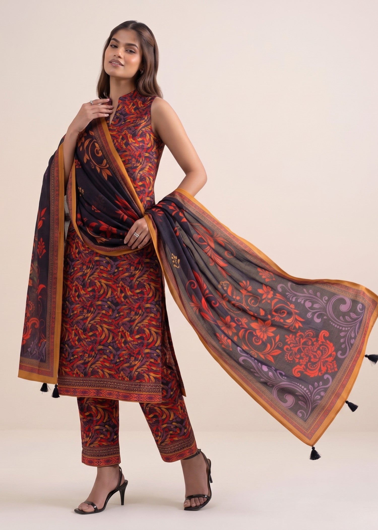 lawn Unstitched in Charcoal black, multi