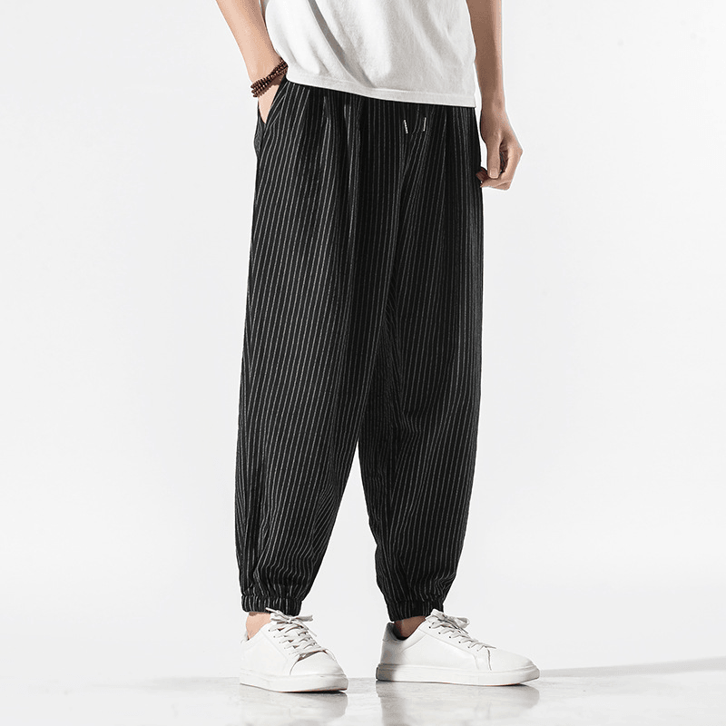 Chinese Style Cotton and Linen Casual Pants Men'S Loose Striped Wide-Leg Lamp