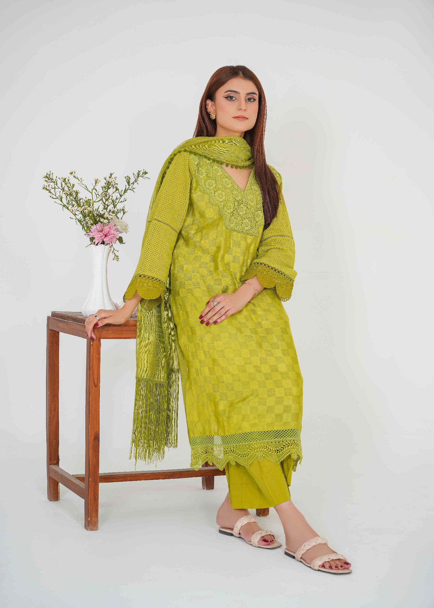cotton silk Kurta Set in Apple green