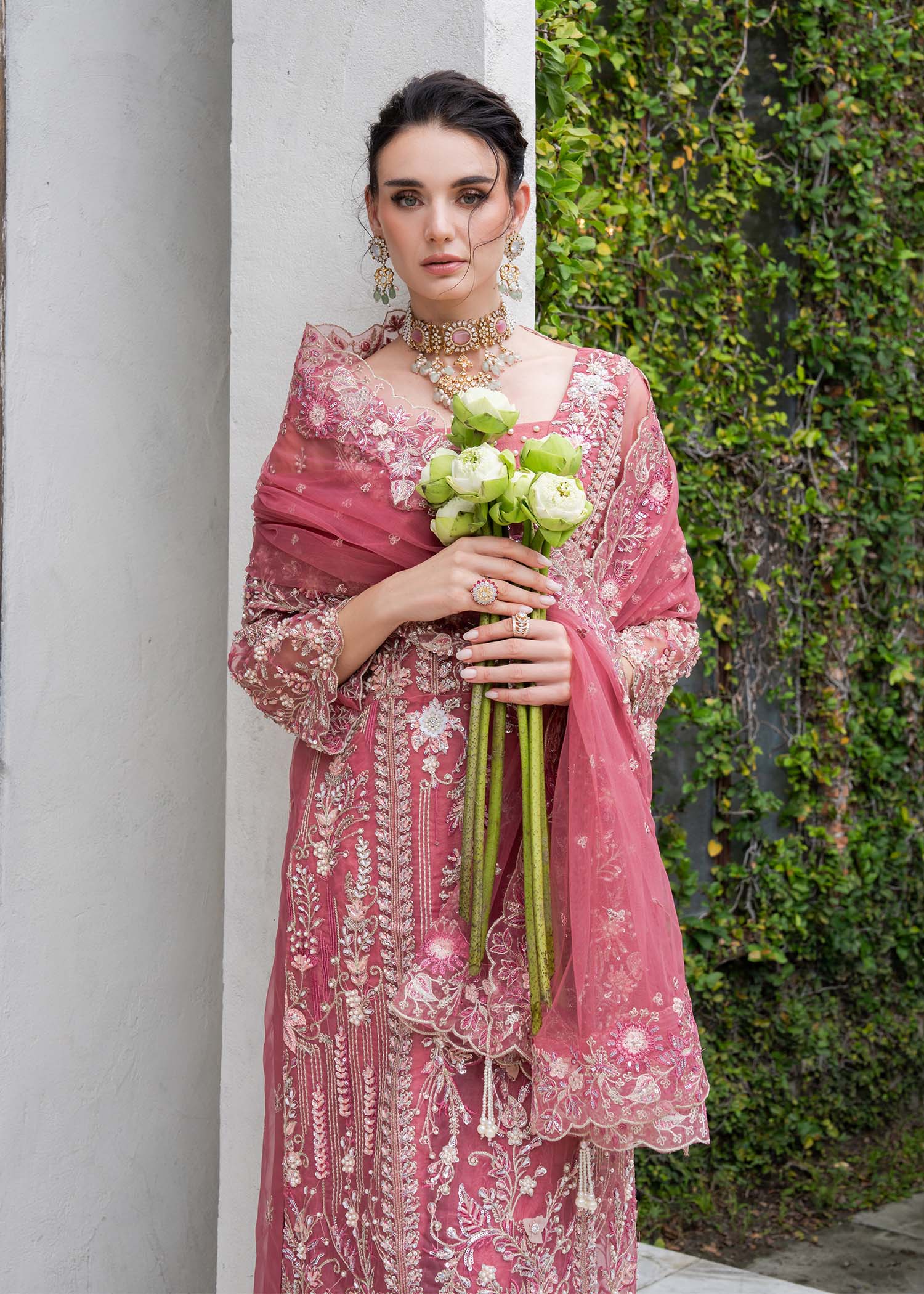 organza Kurta Set in Tea rose pink