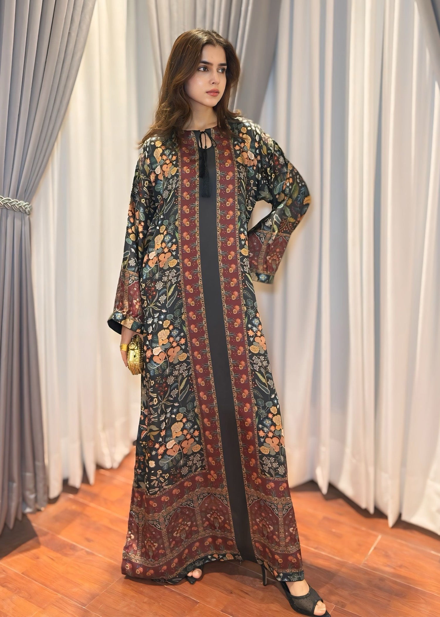 satin silk Kaftan in Black