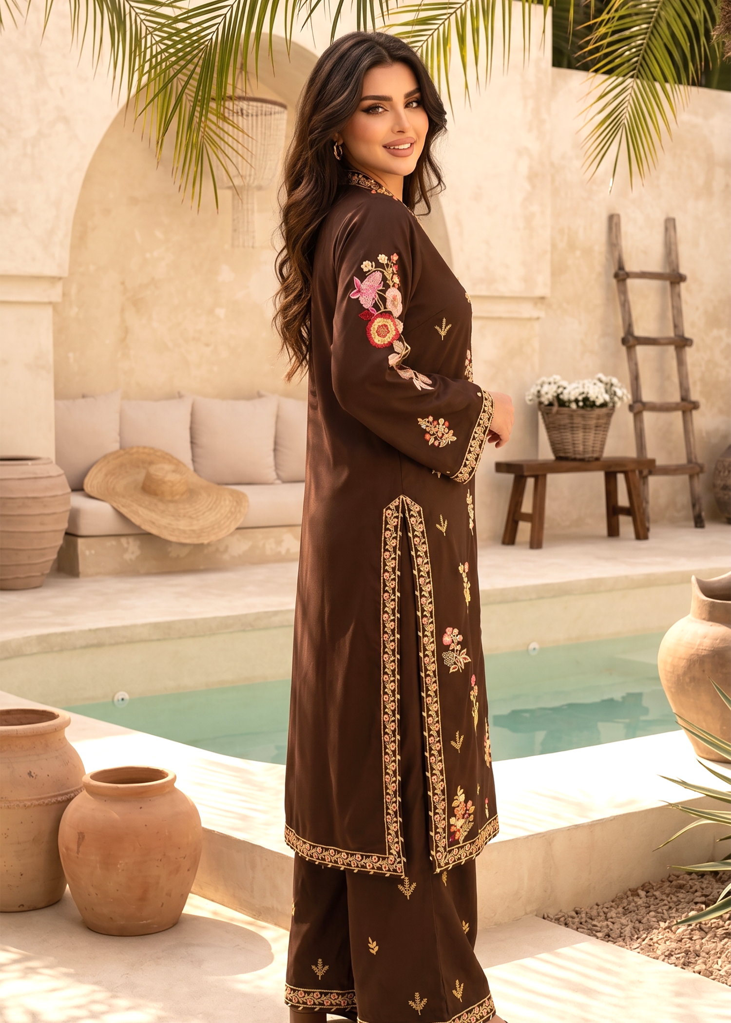 cambric Kurta Set in Brown