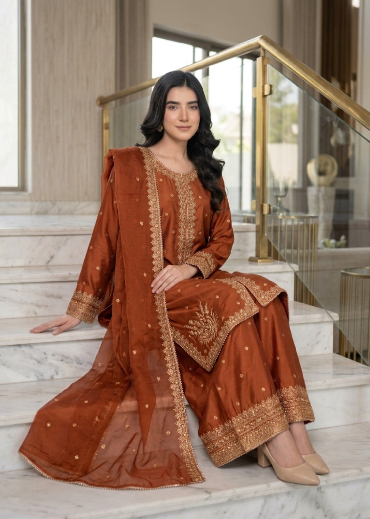 silk Kurta Set in Rust orange