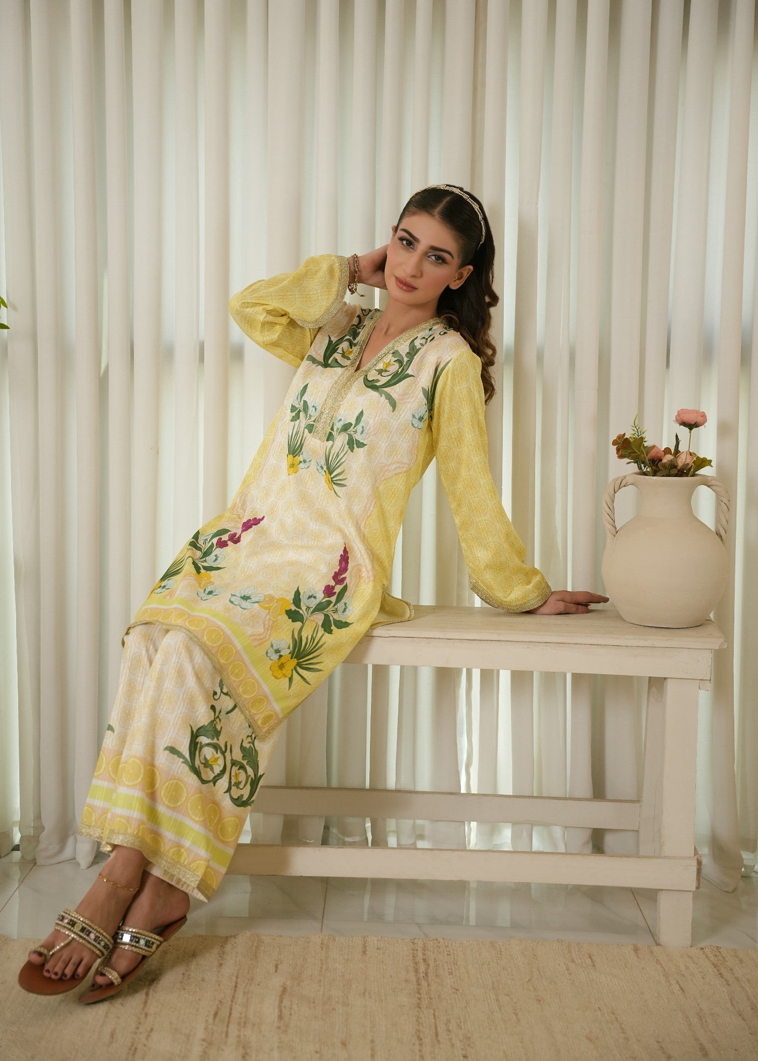 textured lawn Co Ord Sets in Dark green, white, lemon