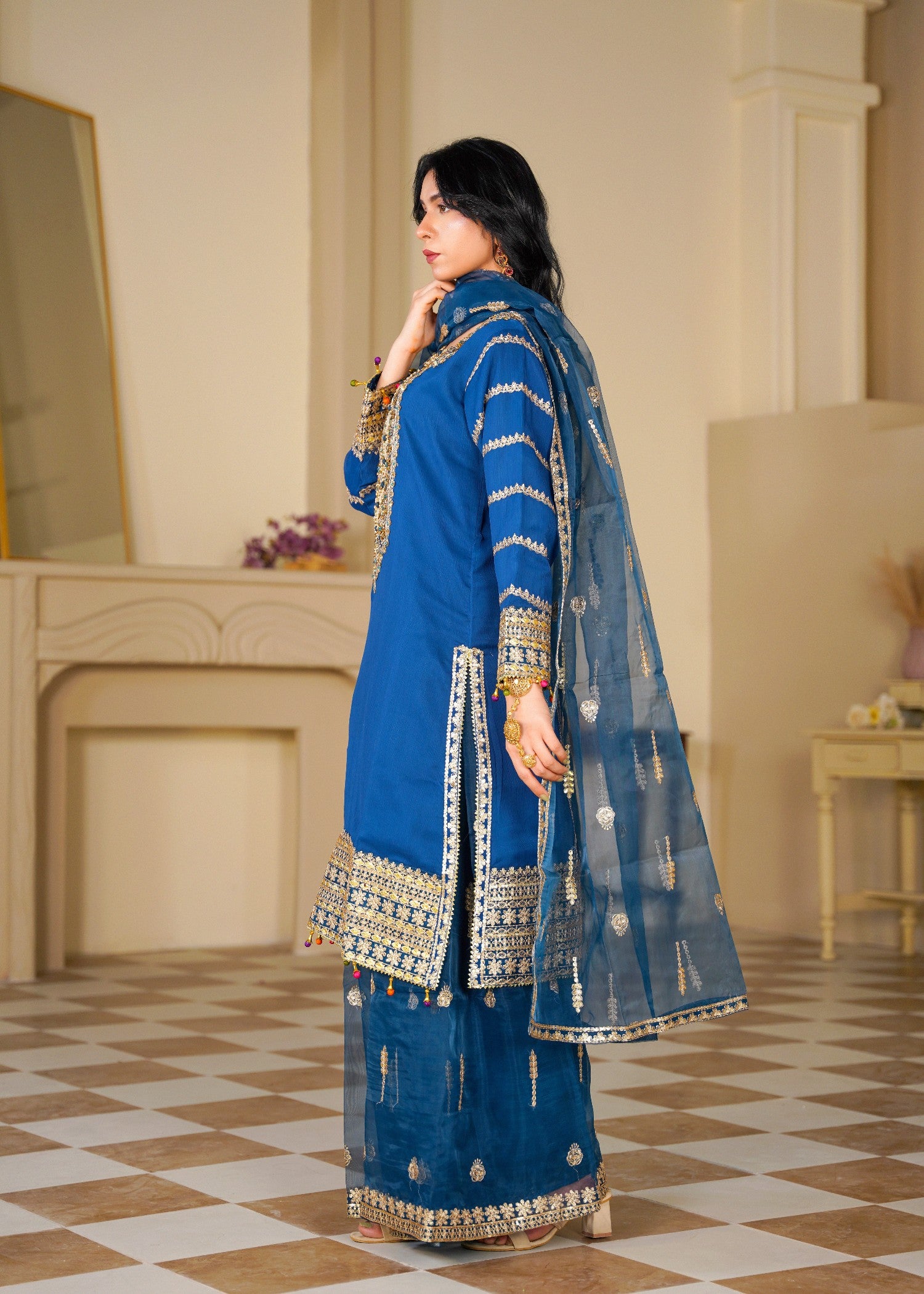 chiffon Kurta Set in Royal blue, gold