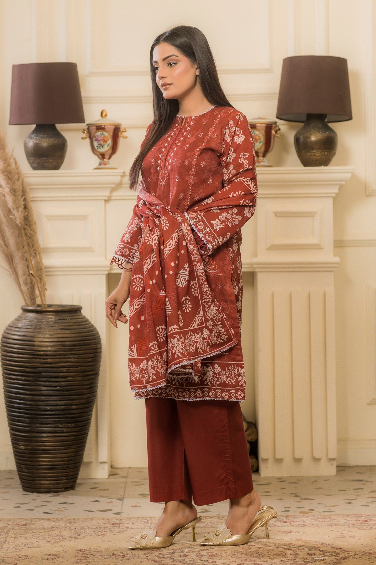 lawn voile Kurta Set in Rust orange