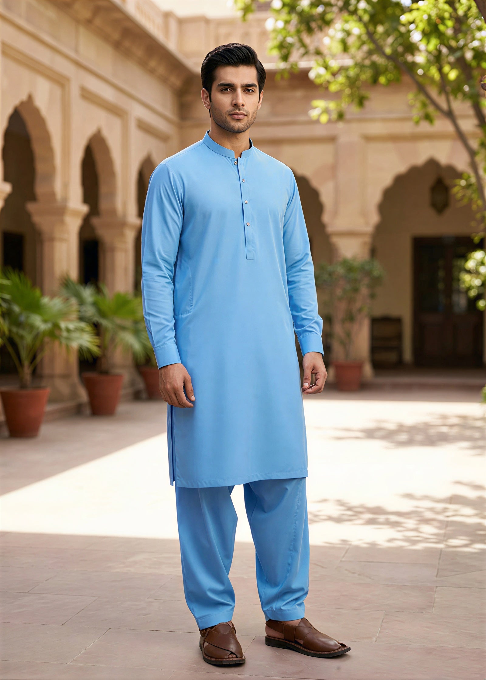 blend boski Shalwar Kameez in Sky blue by Waqar Mustafa