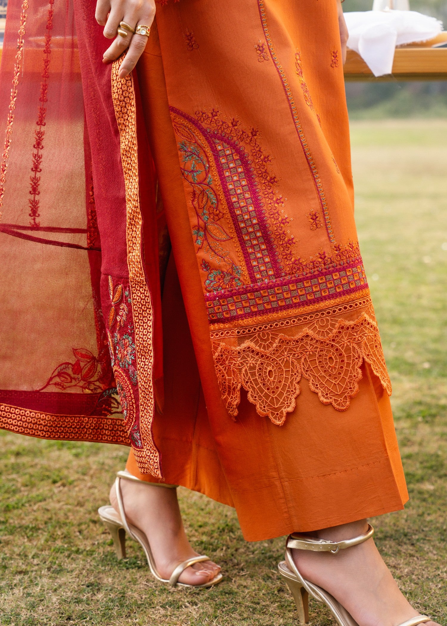 lawn Kurta Set in Pumpkin orange, spicy red