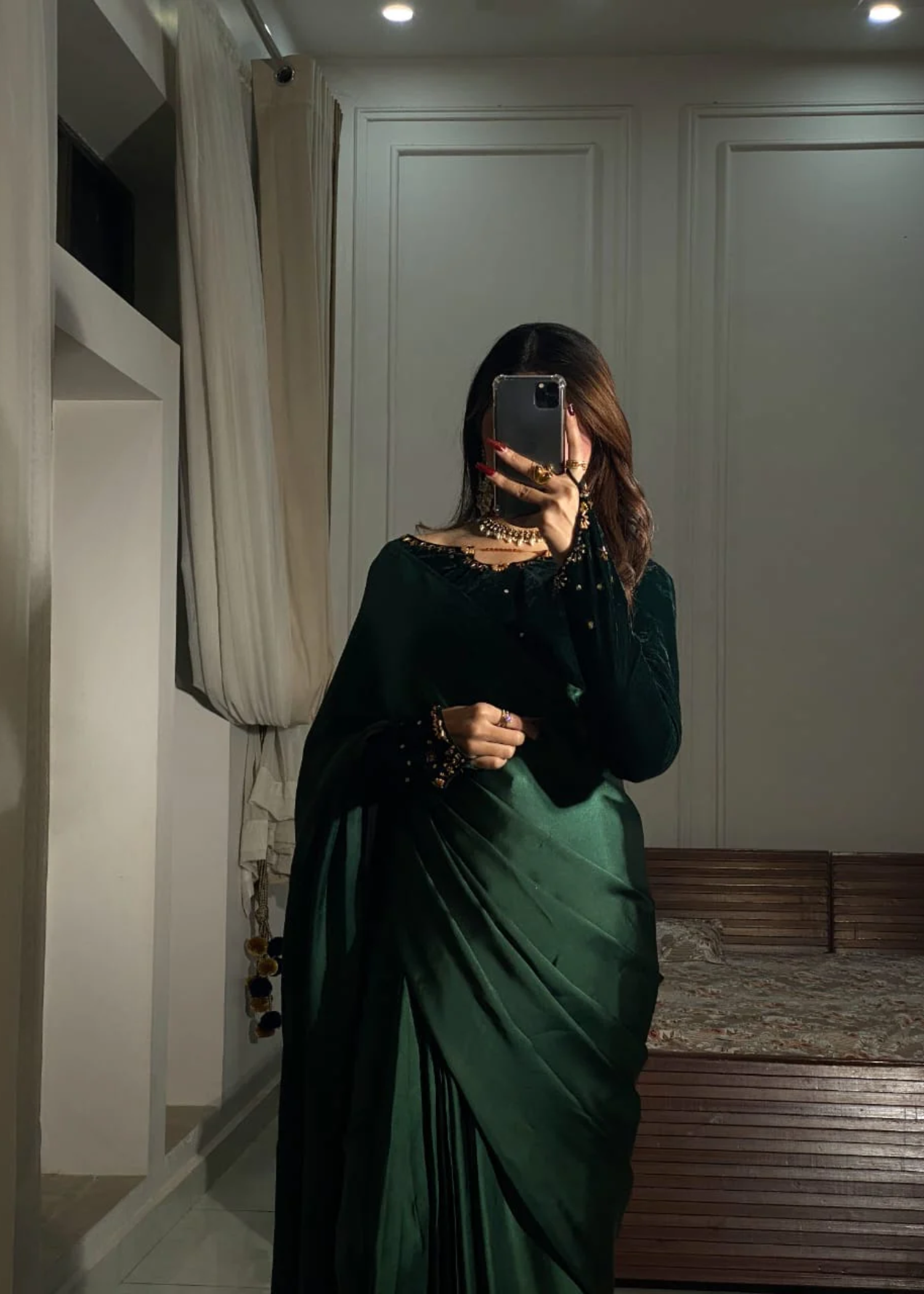 velvet Saree in Bottle green