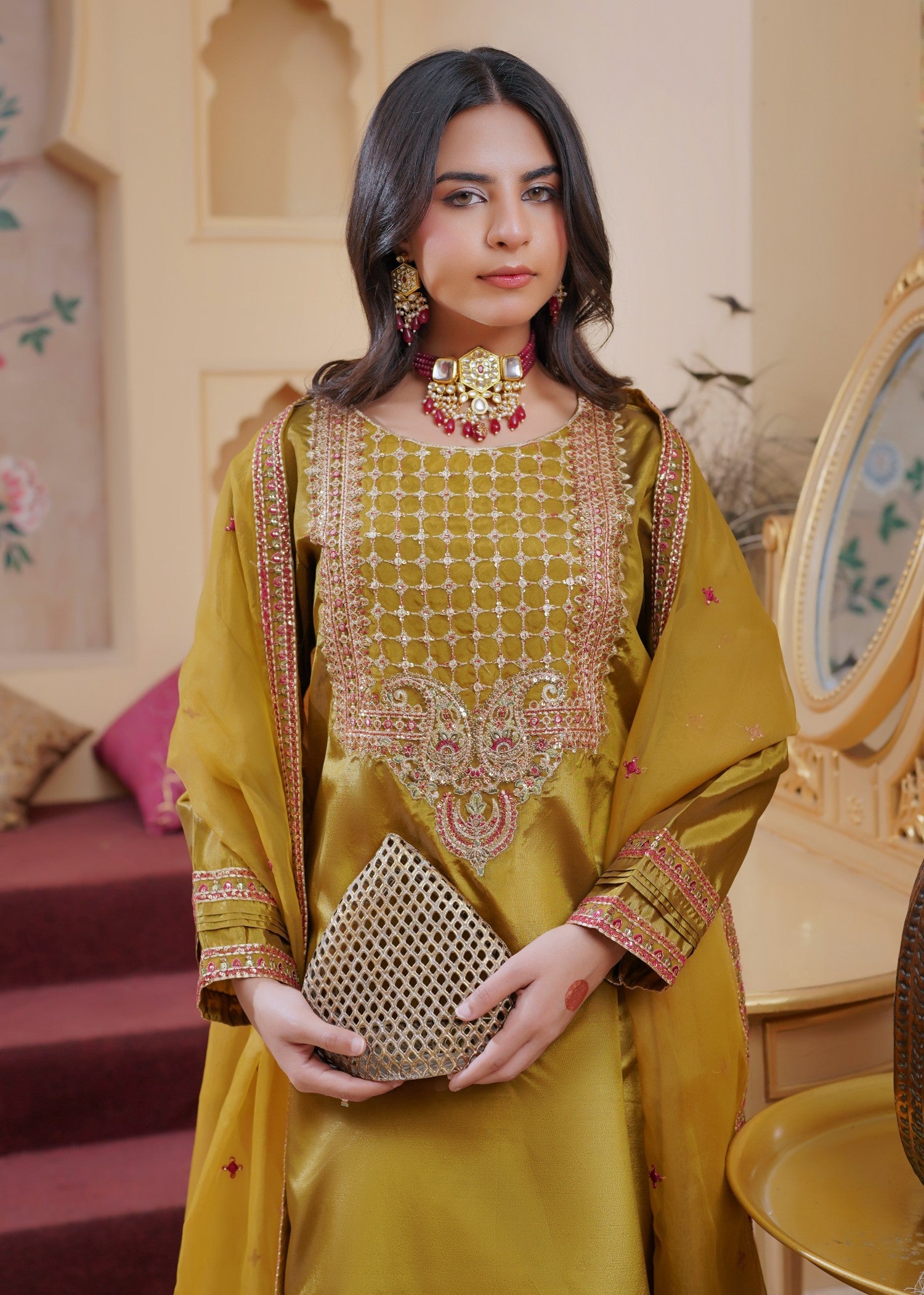 silk Lehenga in Olive green