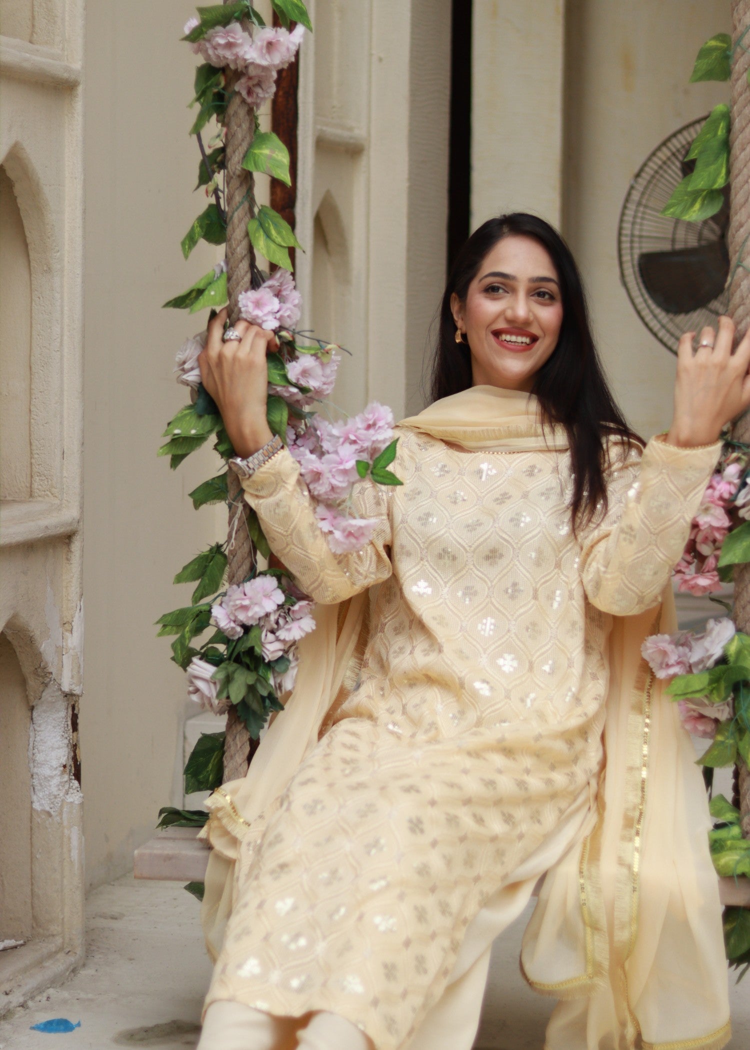 bemberg crinkle chiffon Kurta Set in Lemon chiffon