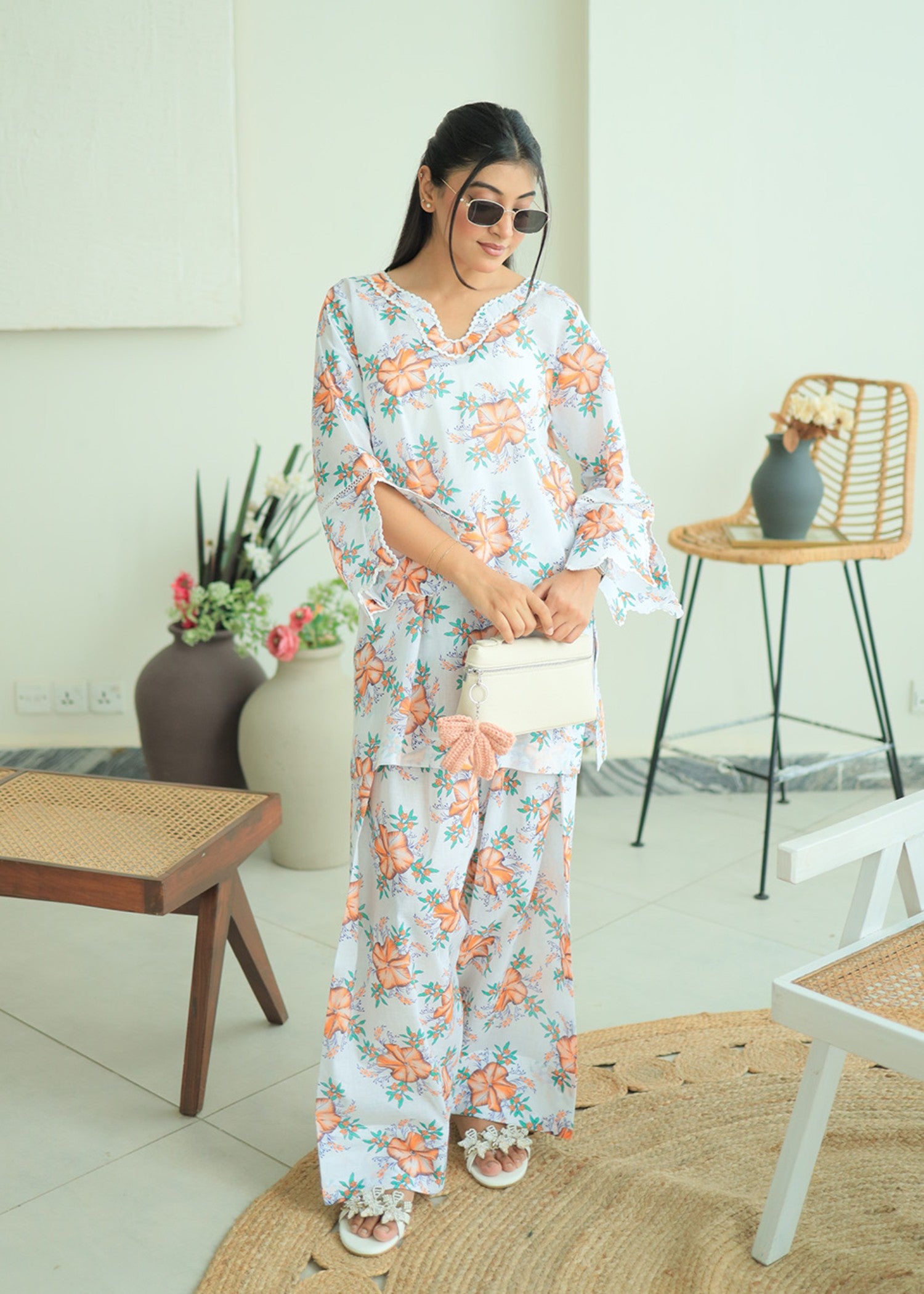 lawn Co Ord Sets in White, jade green, peach orange