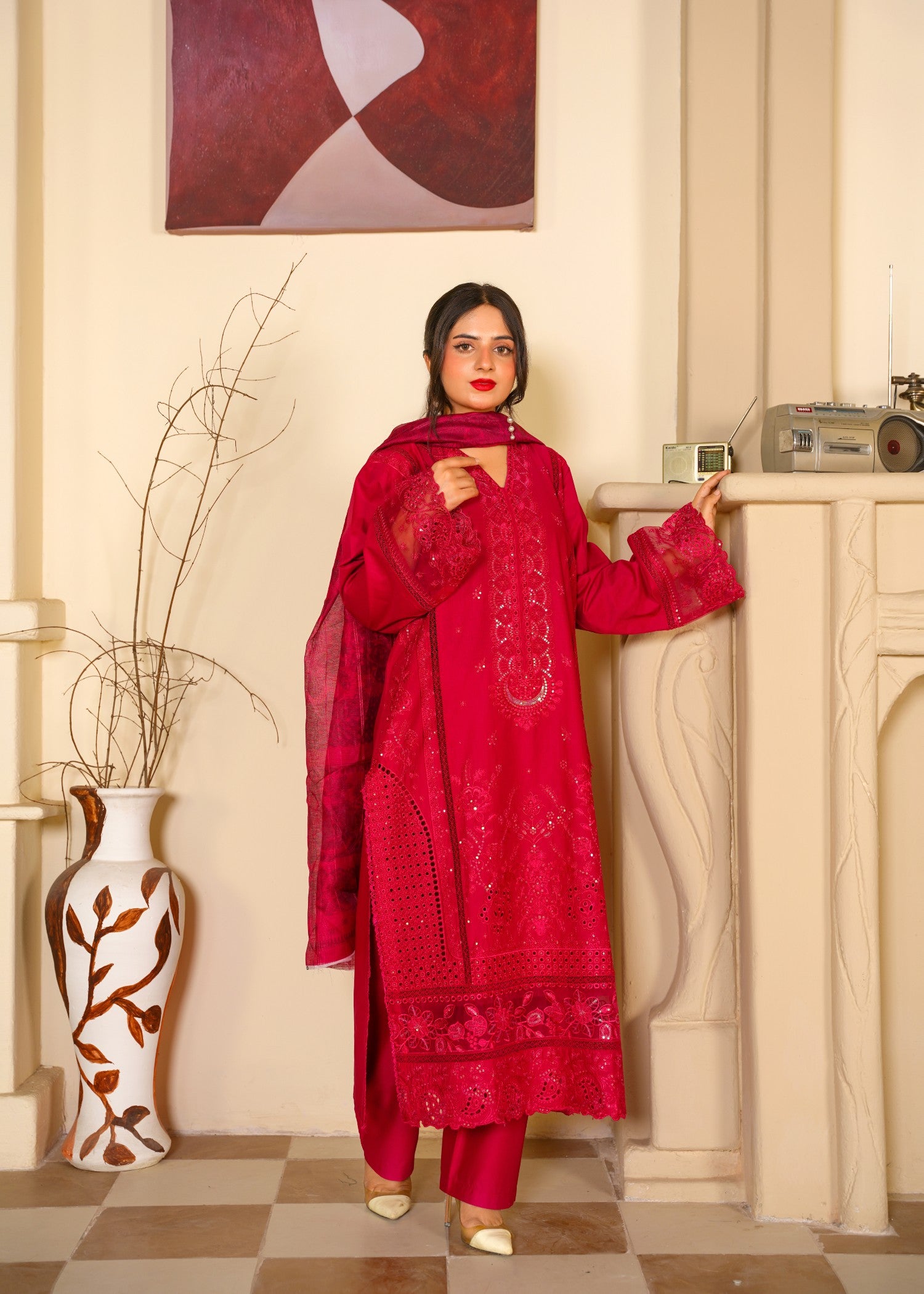 arabic lawn Kurta Set in Cherry red