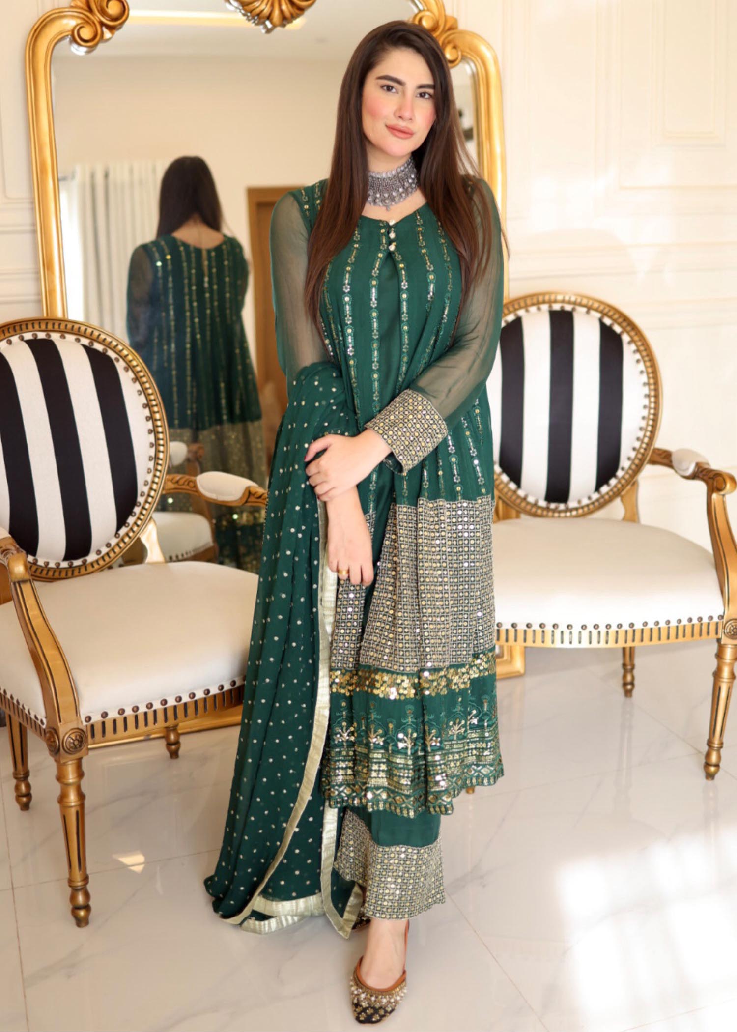 chikankari cotton Gown in Bottle green
