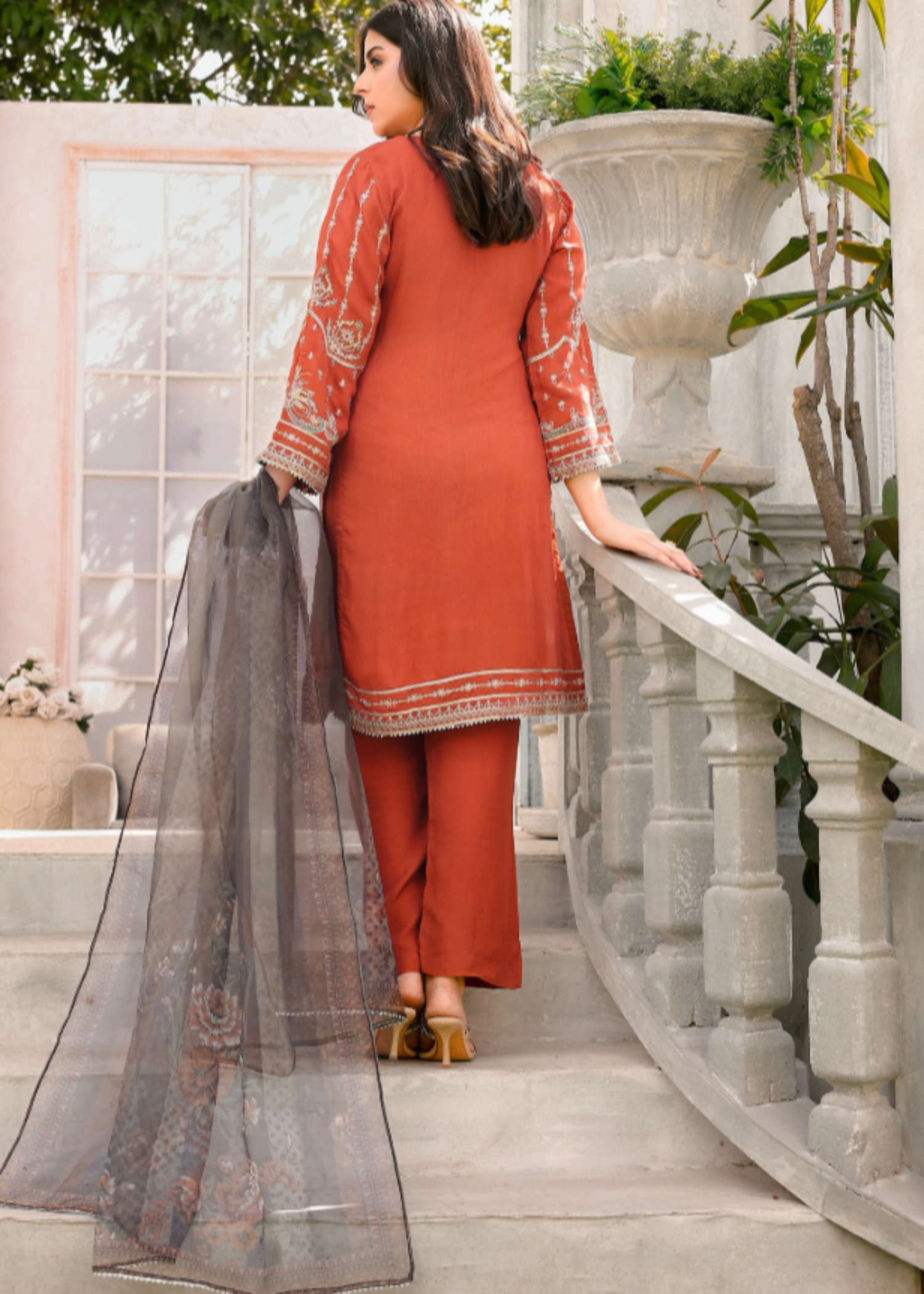 pk raw silk Kurti in Rust orange