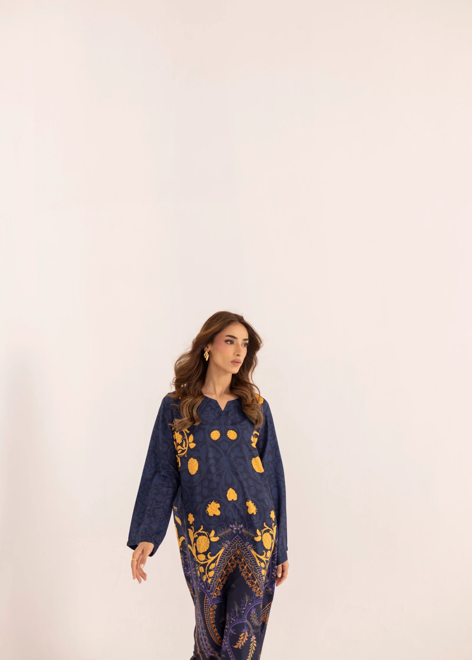 silk finish lawn Kaftan in Navy blue