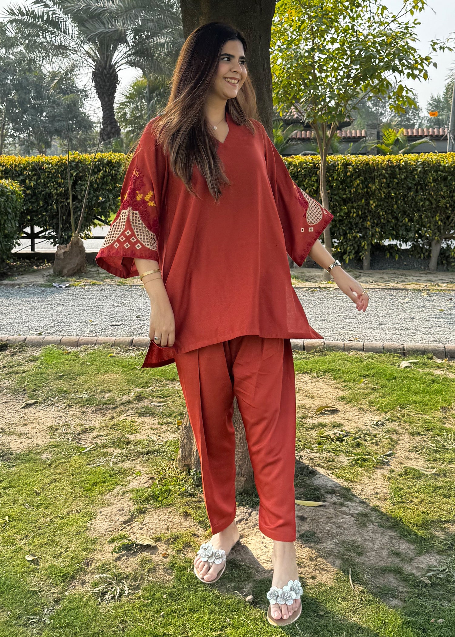 cotton karandi Kurta Set in Rust orange