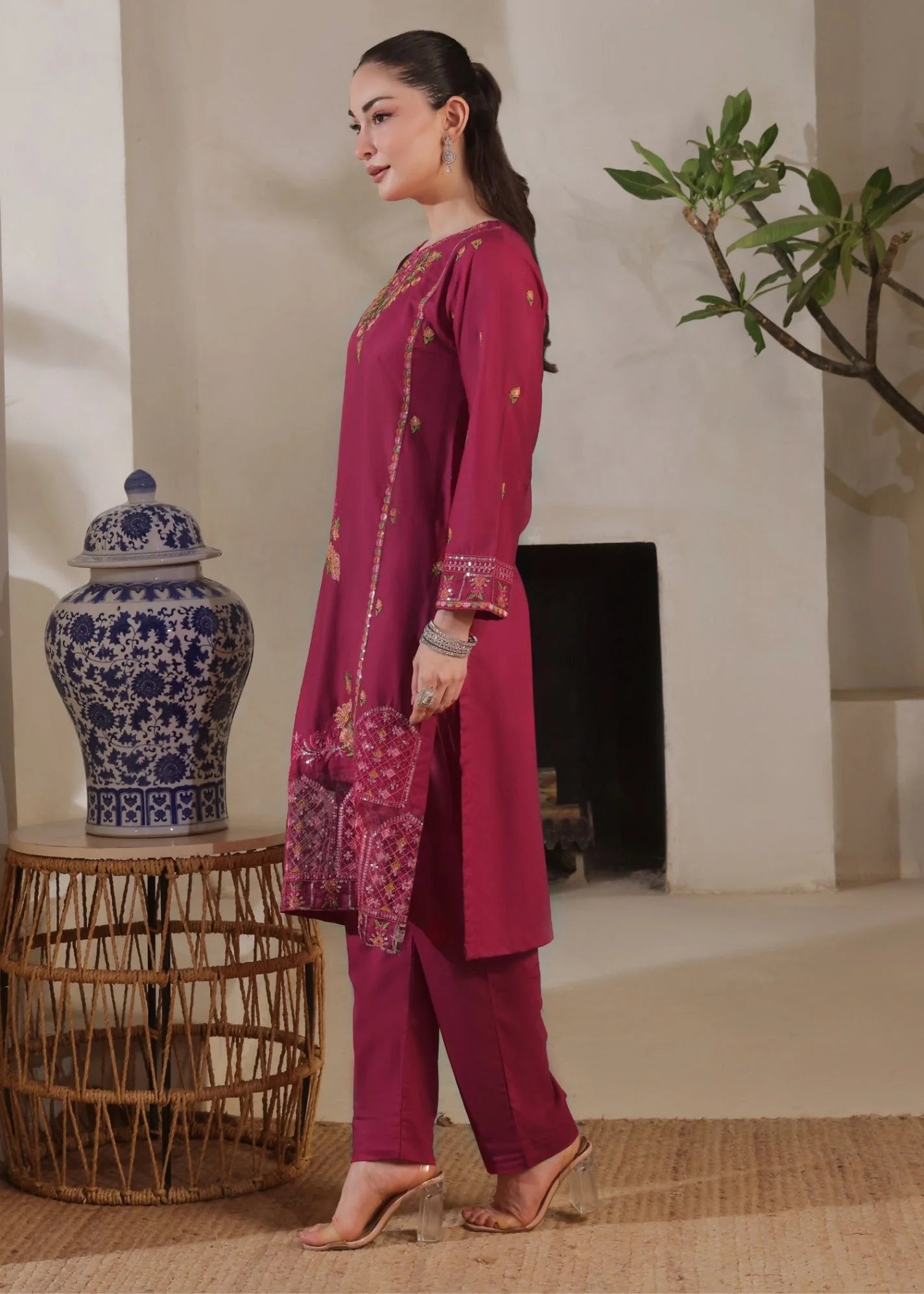 lawn cotton Kurta Set in Magenta