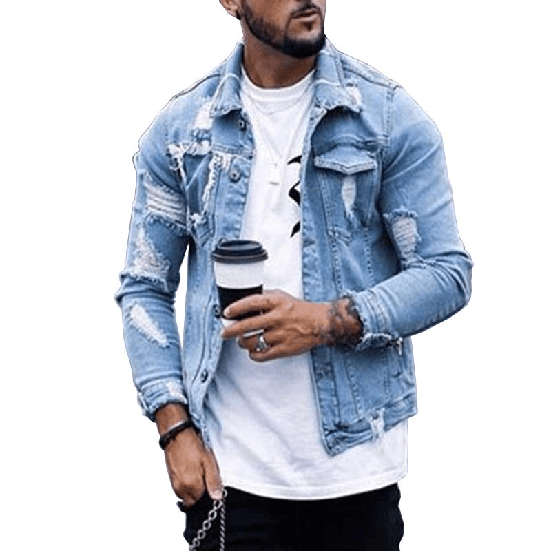 Lapel Men'S Denim Jacket Ripped Irregular Washed Jacket